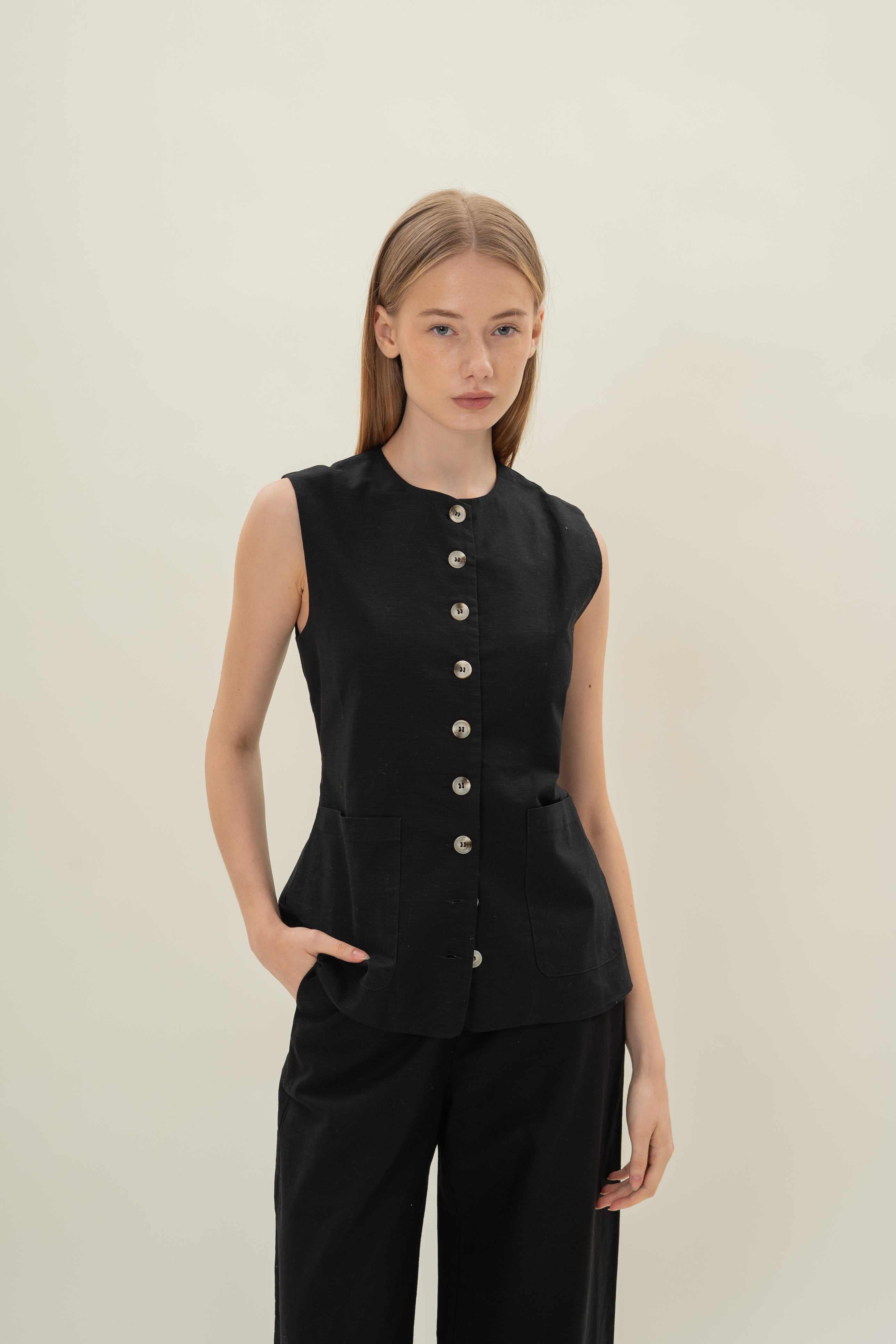 Long Round Neck Waistcoat in Black