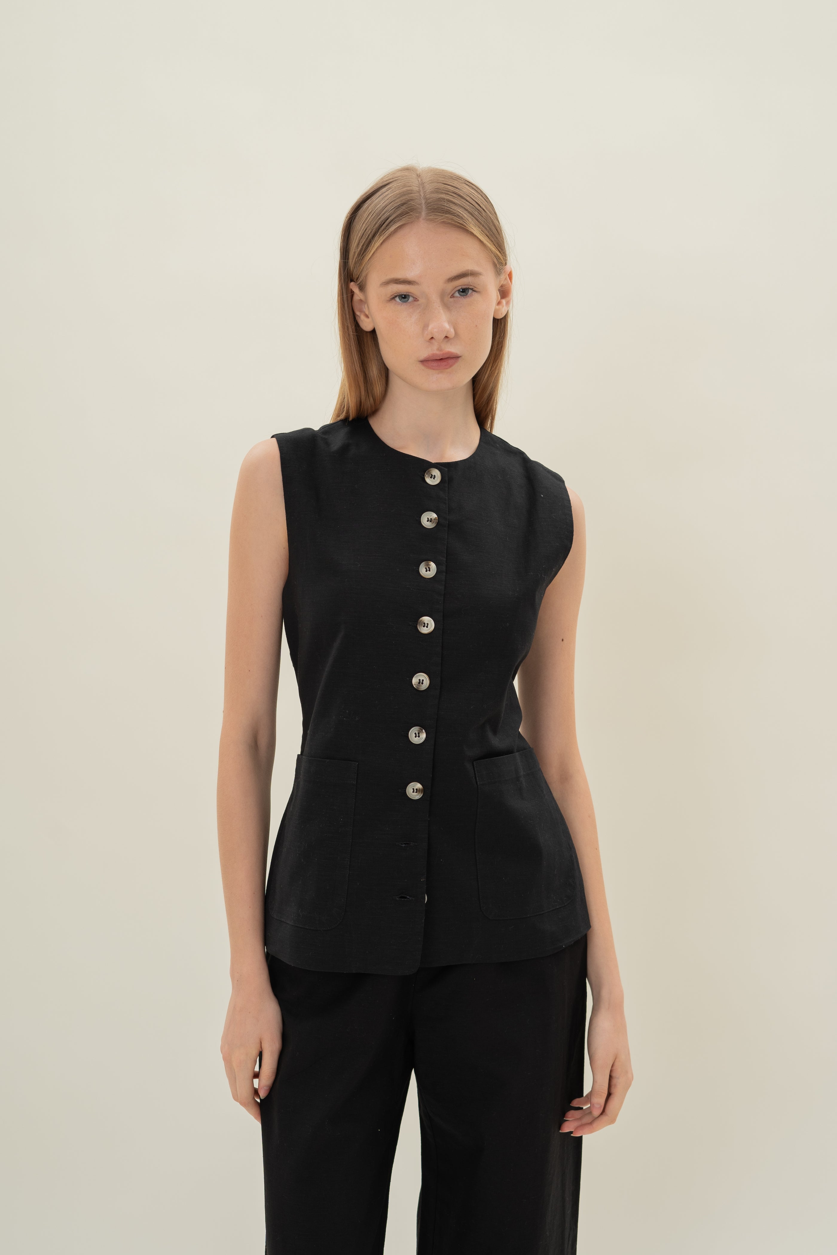 Long Round Neck Waistcoat in Black