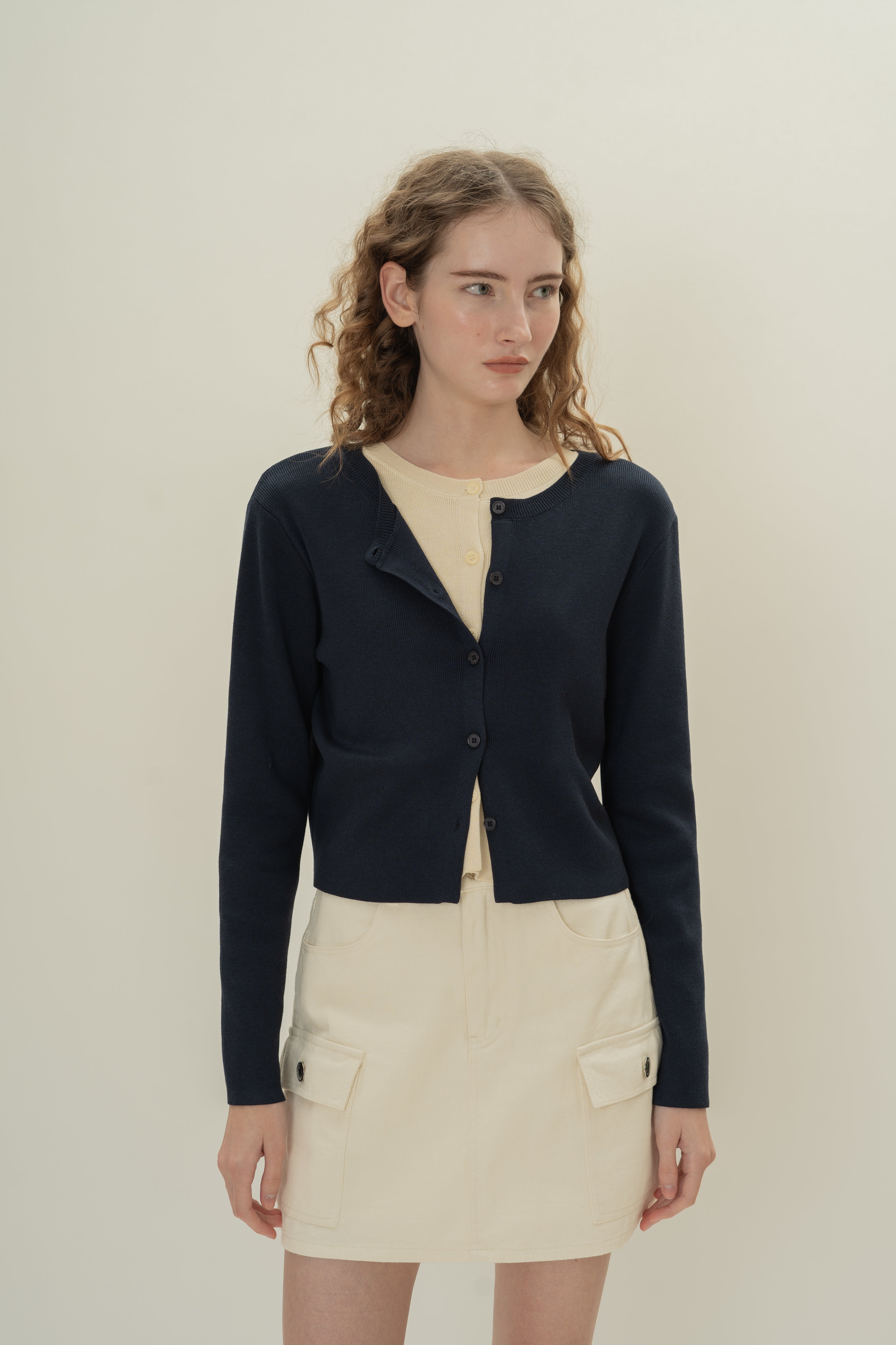 Round-Neck Knitted Cardigan in Midnight