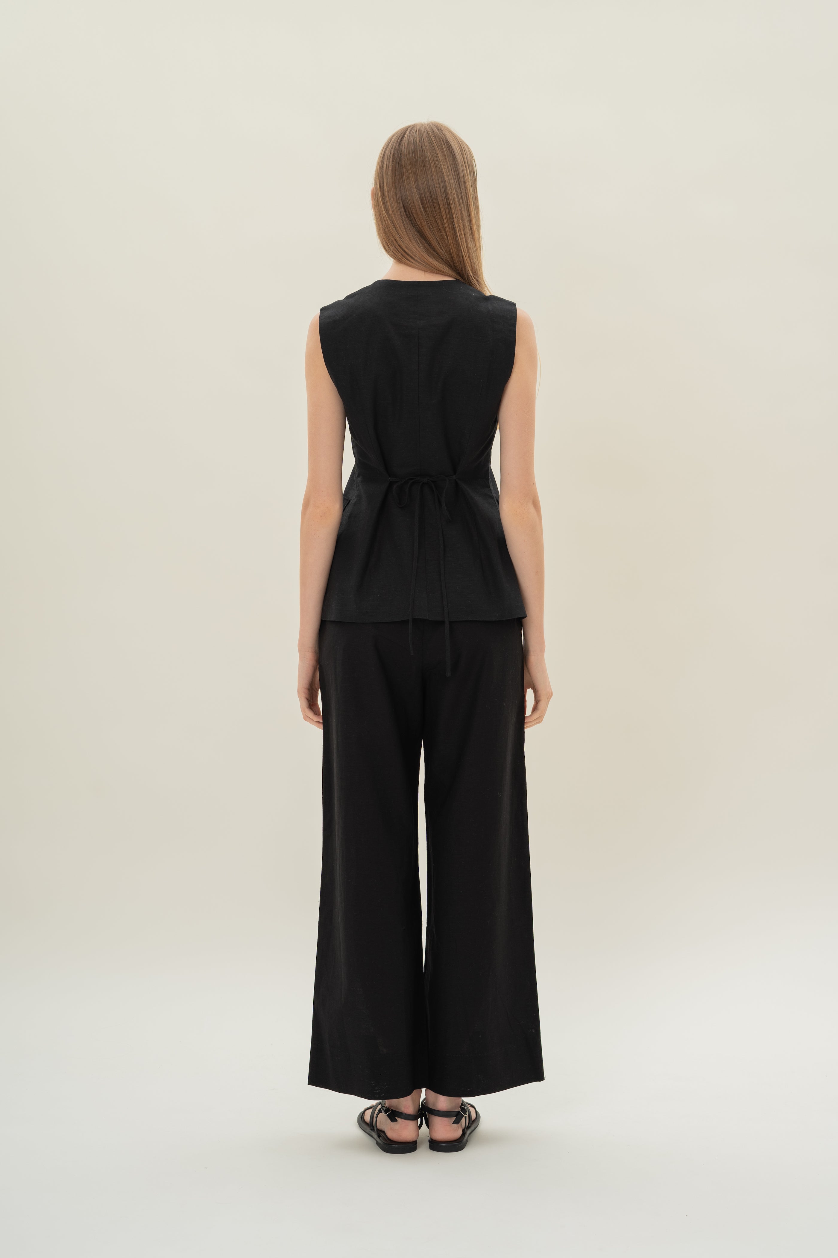 Long Round Neck Waistcoat in Black