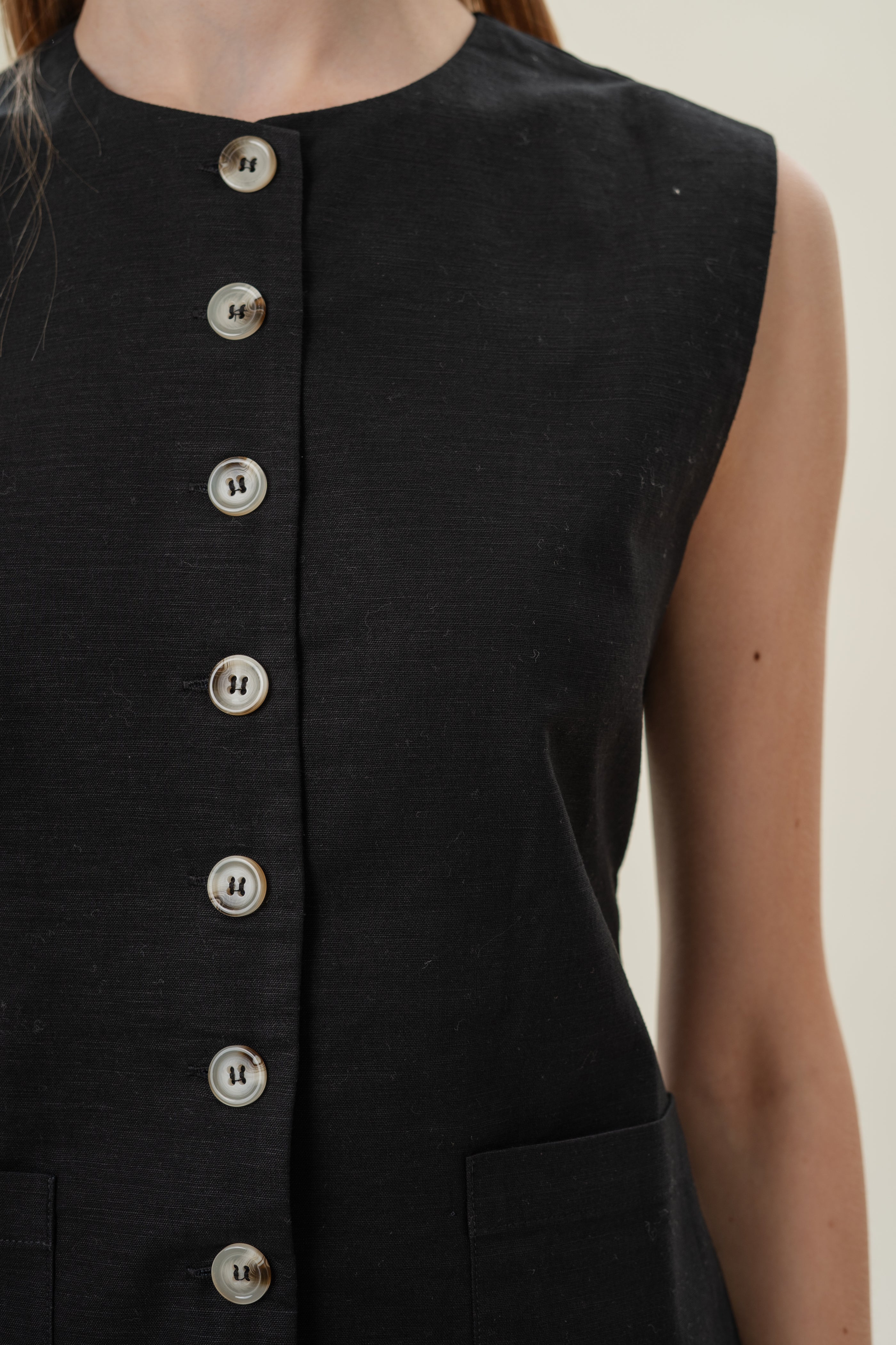 Long Round Neck Waistcoat in Black