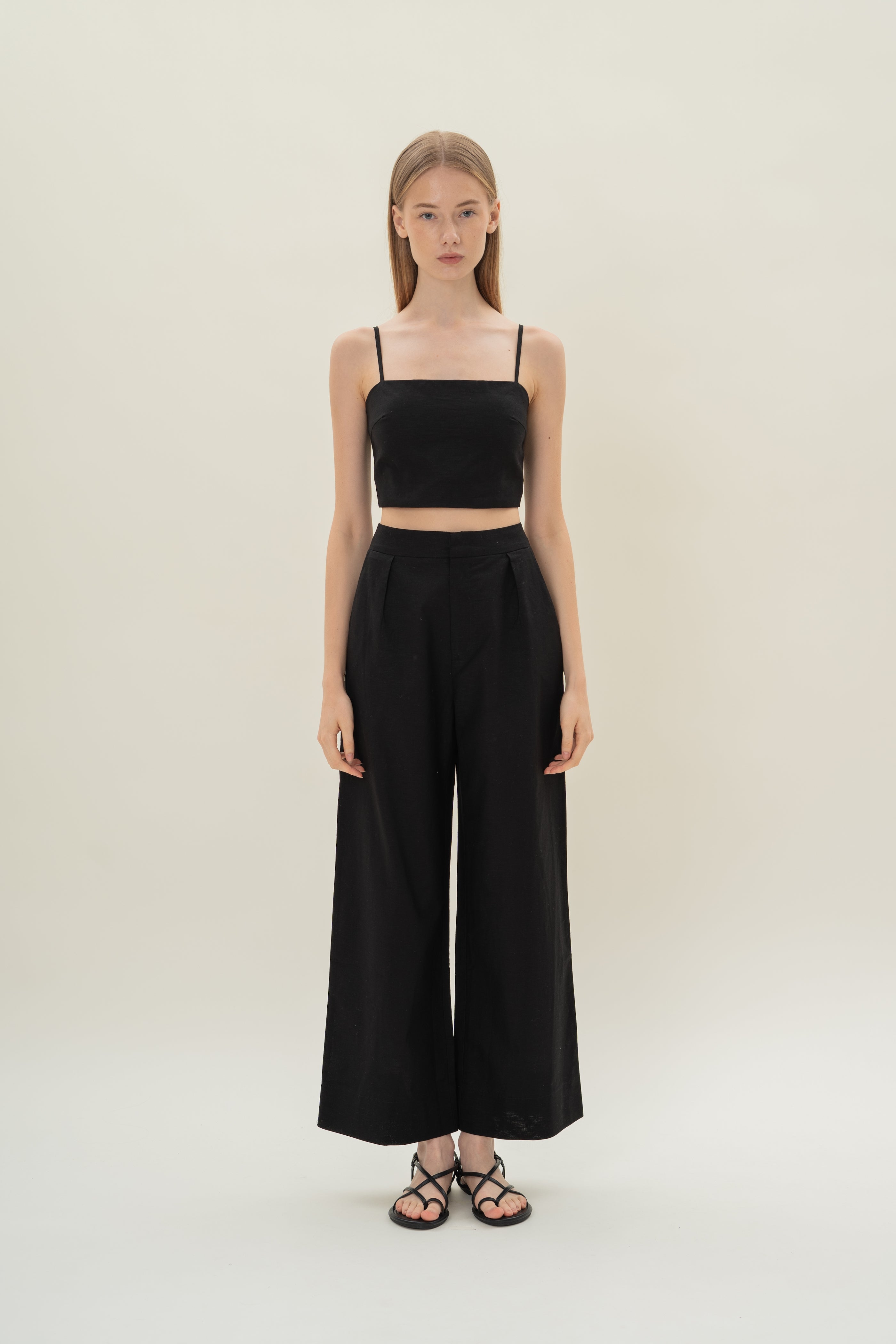 Textured Linen Trousers in Black