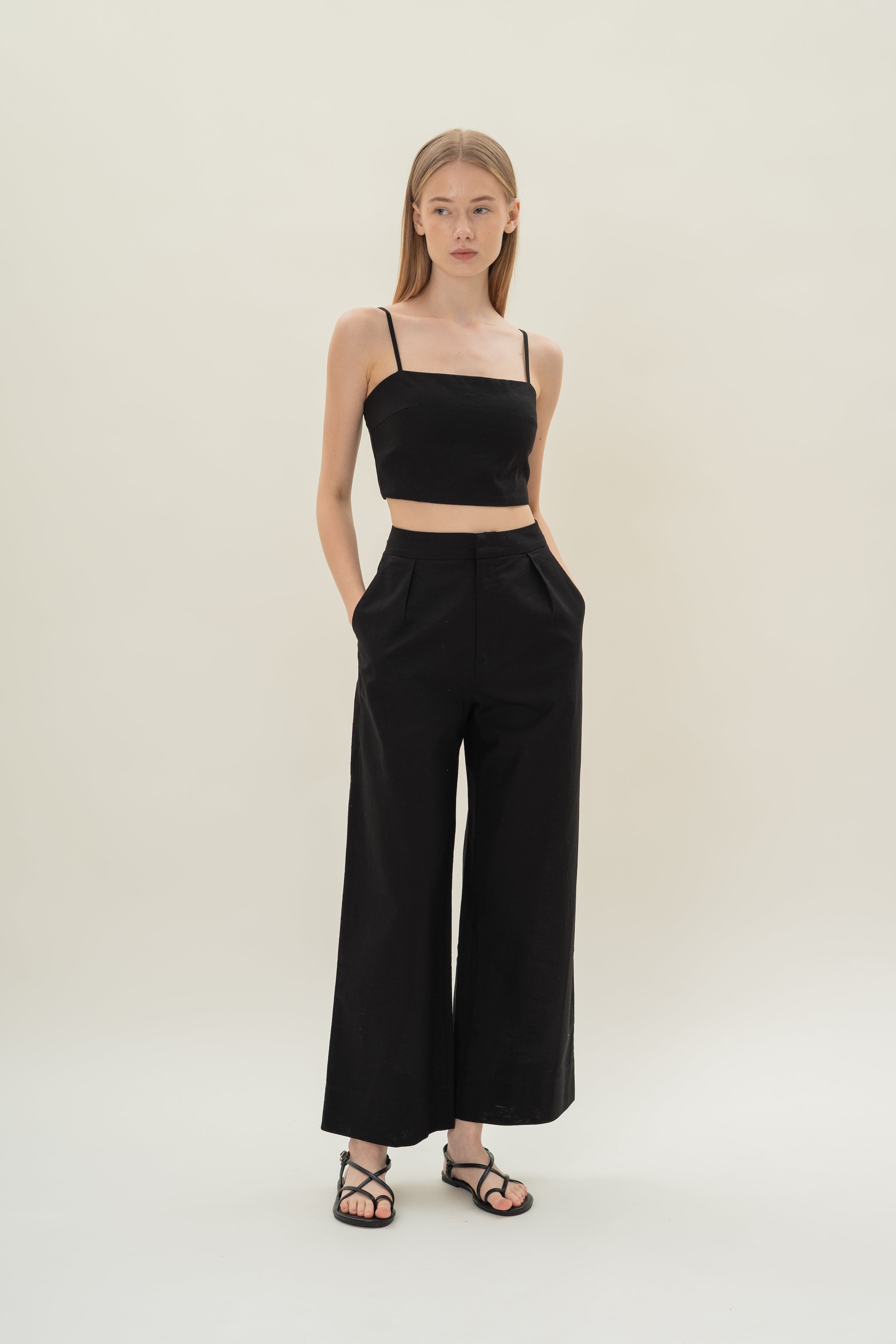 Textured Linen Trousers in Black