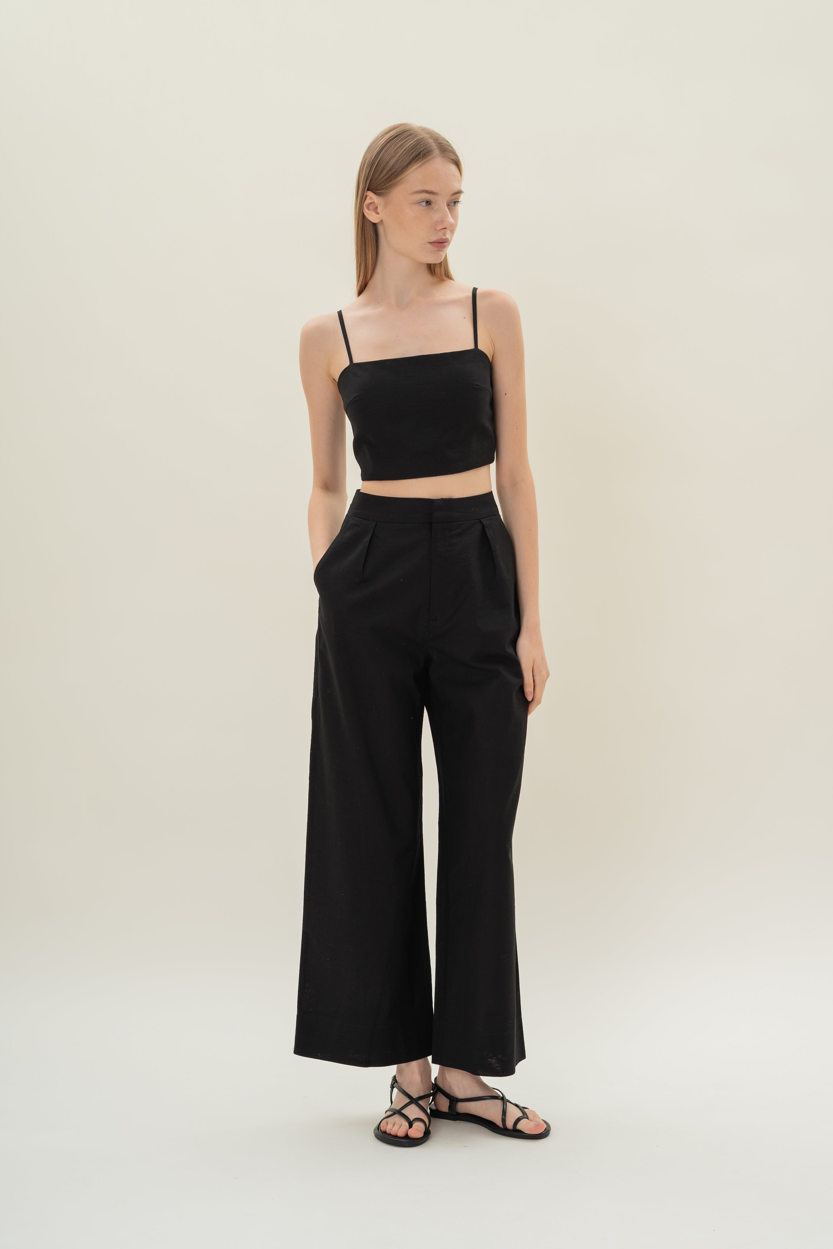 Textured Linen Trousers in Black