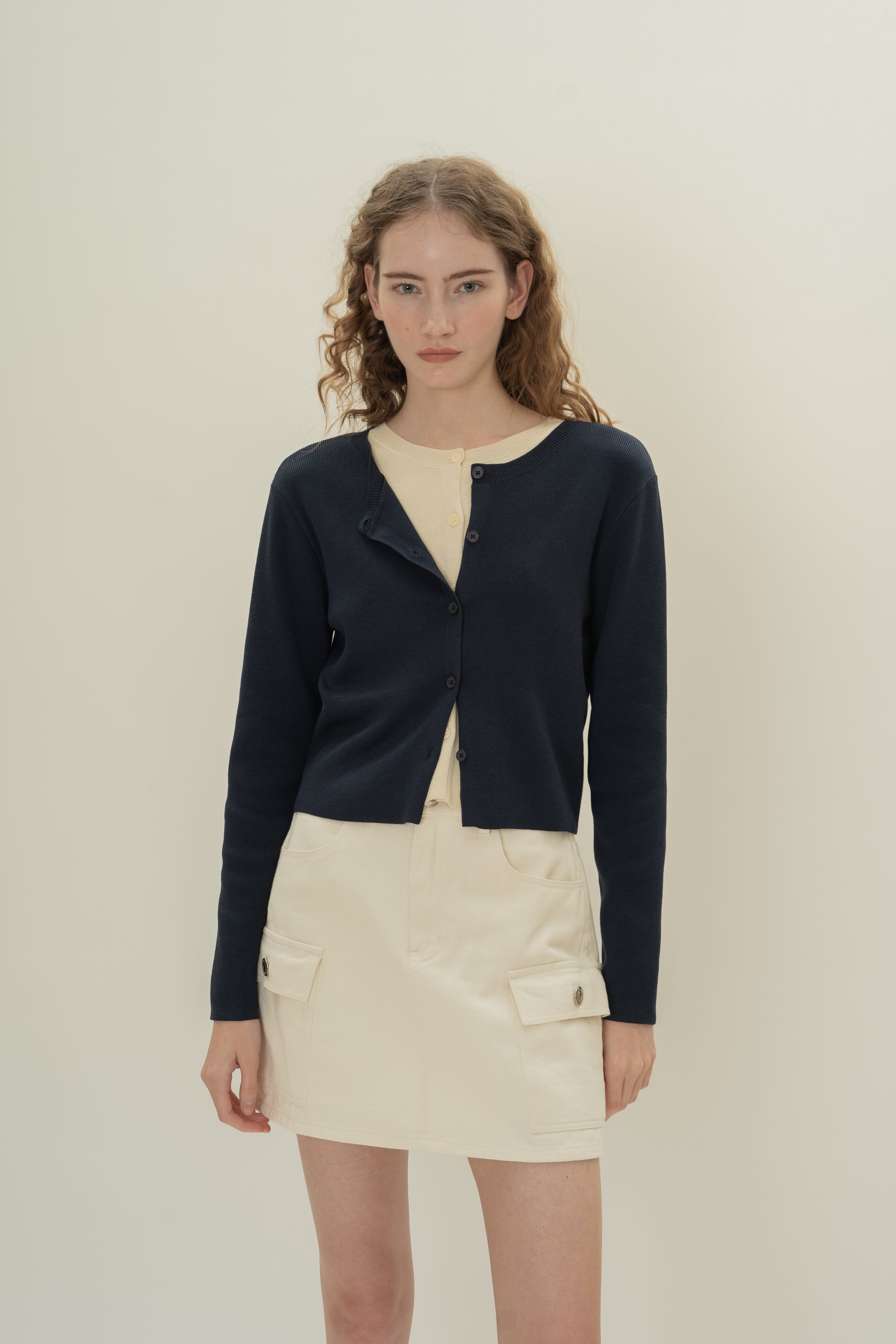 Round-Neck Knitted Cardigan in Midnight