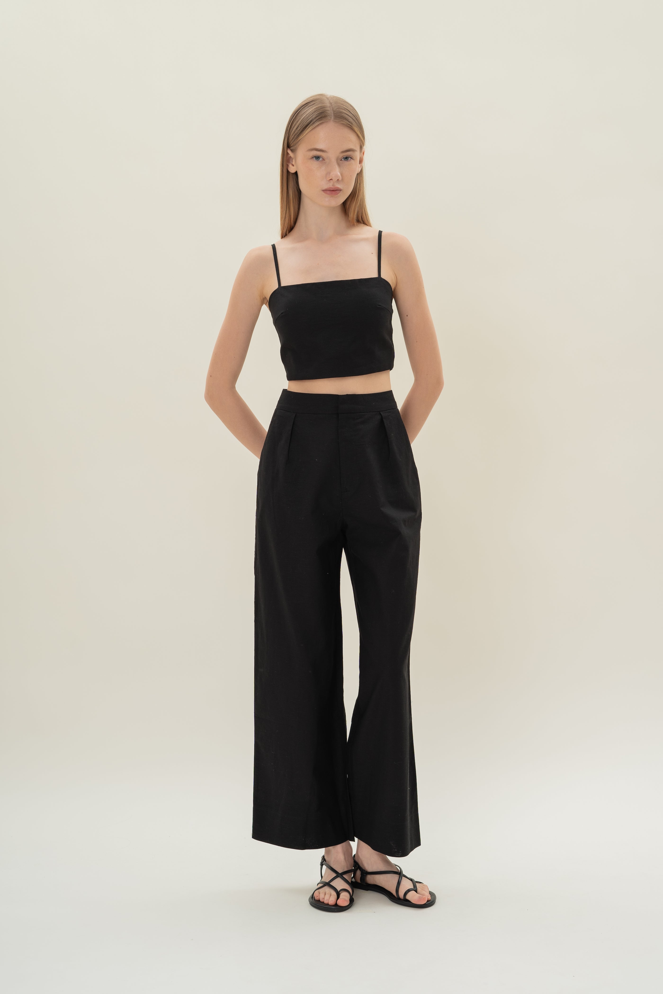 Textured Linen Trousers in Black