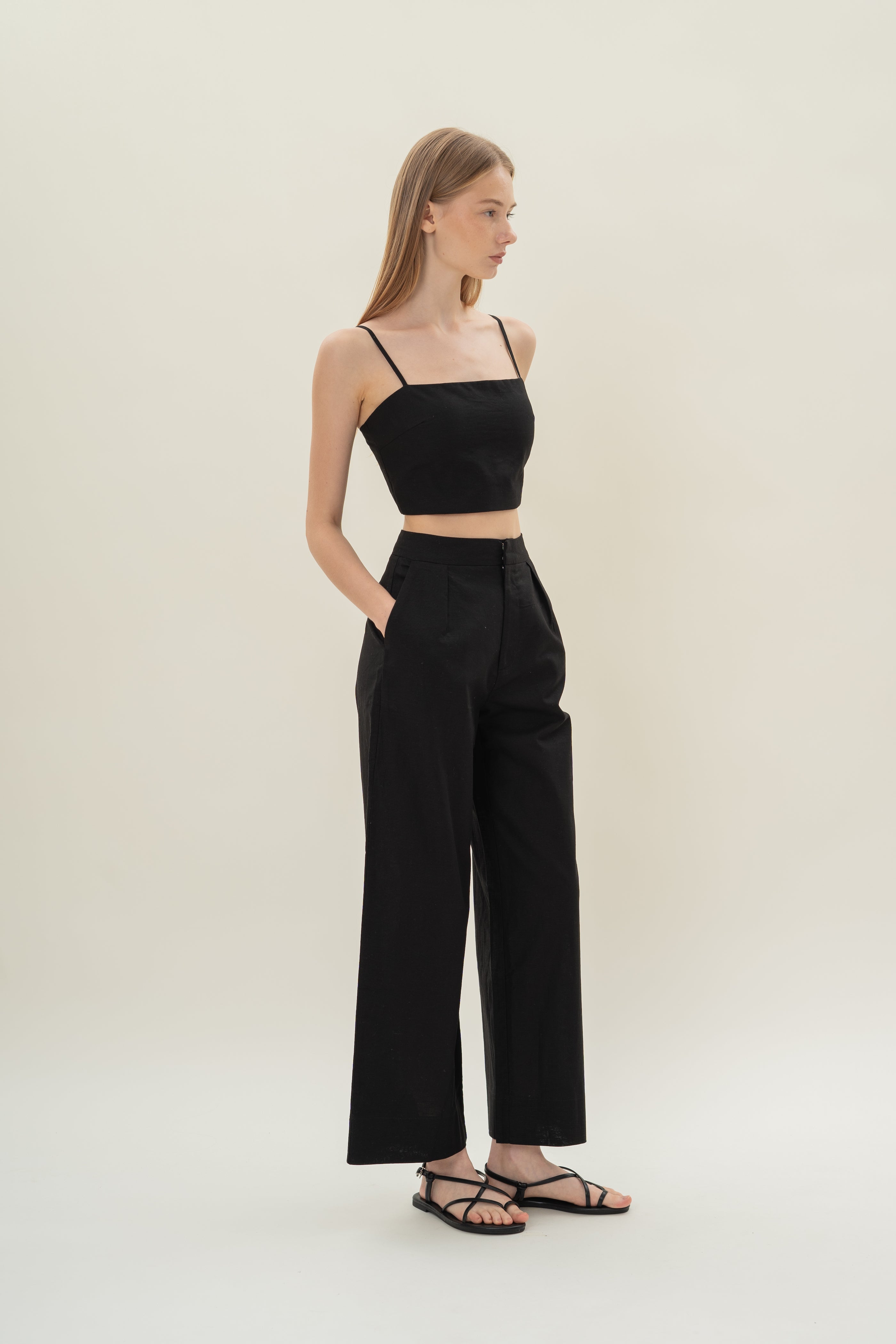 Textured Linen Trousers in Black