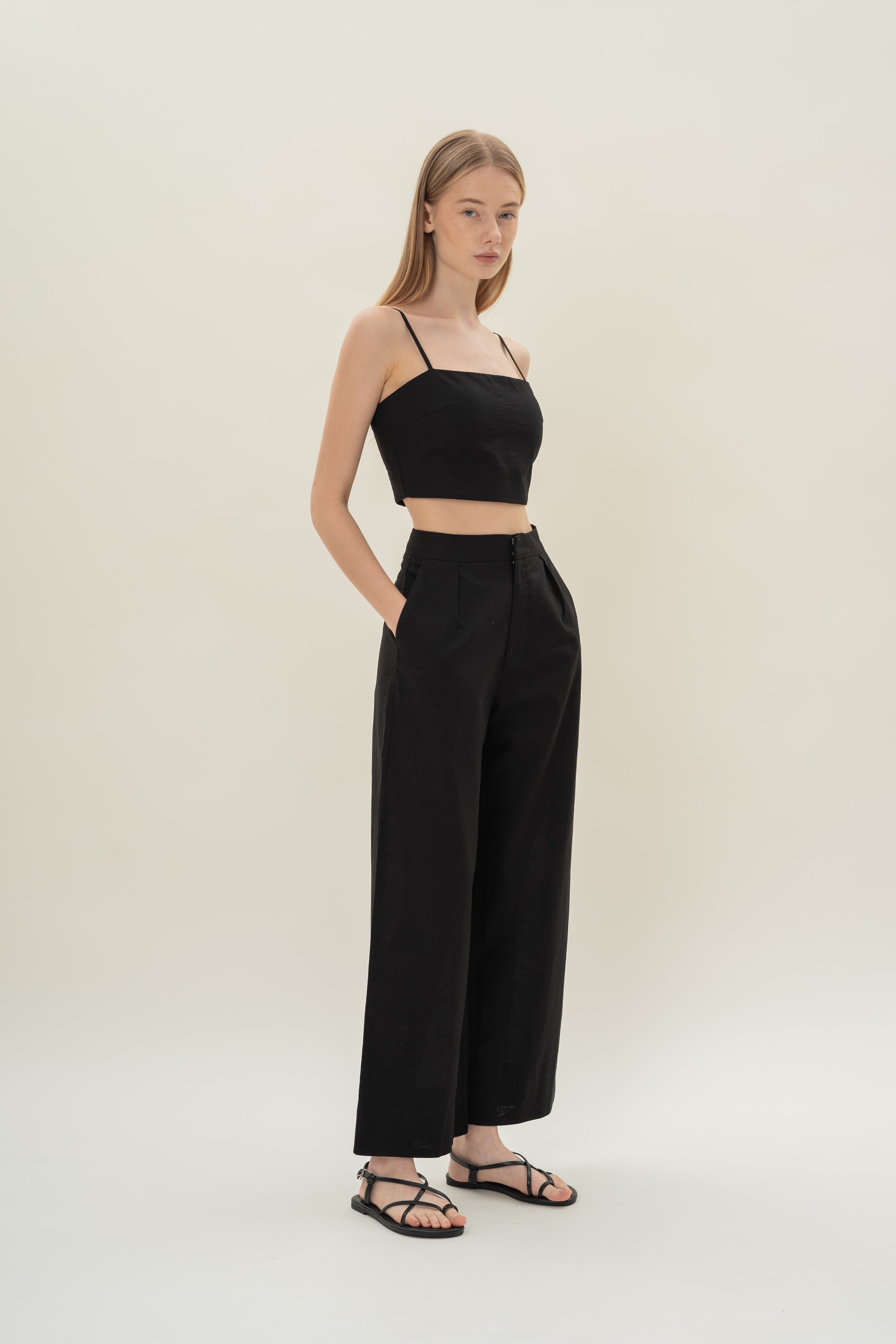 Textured Linen Trousers in Black