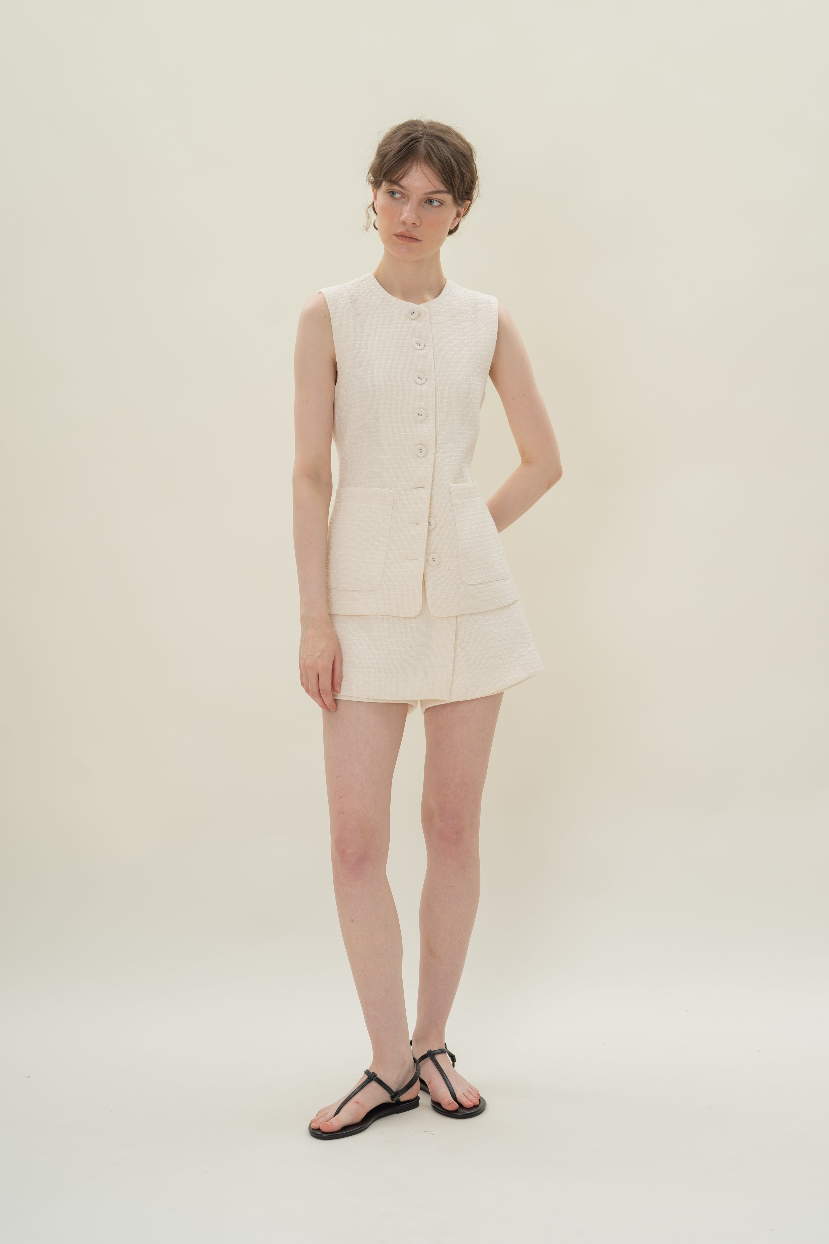 Textured Long Round Neck Waistcoat in Tweed White with Detachable Bow