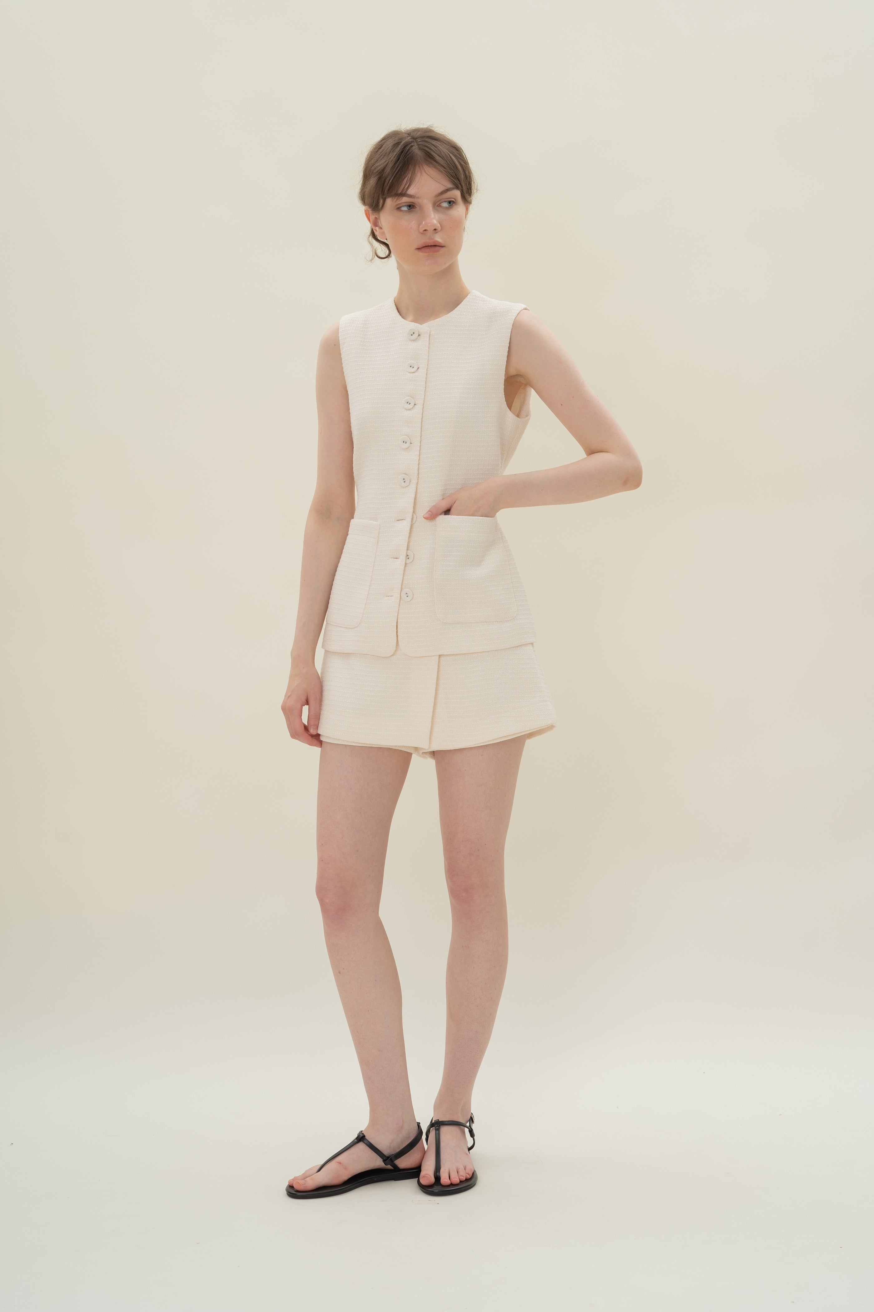Textured Long Round Neck Waistcoat in Tweed White with Detachable Bow