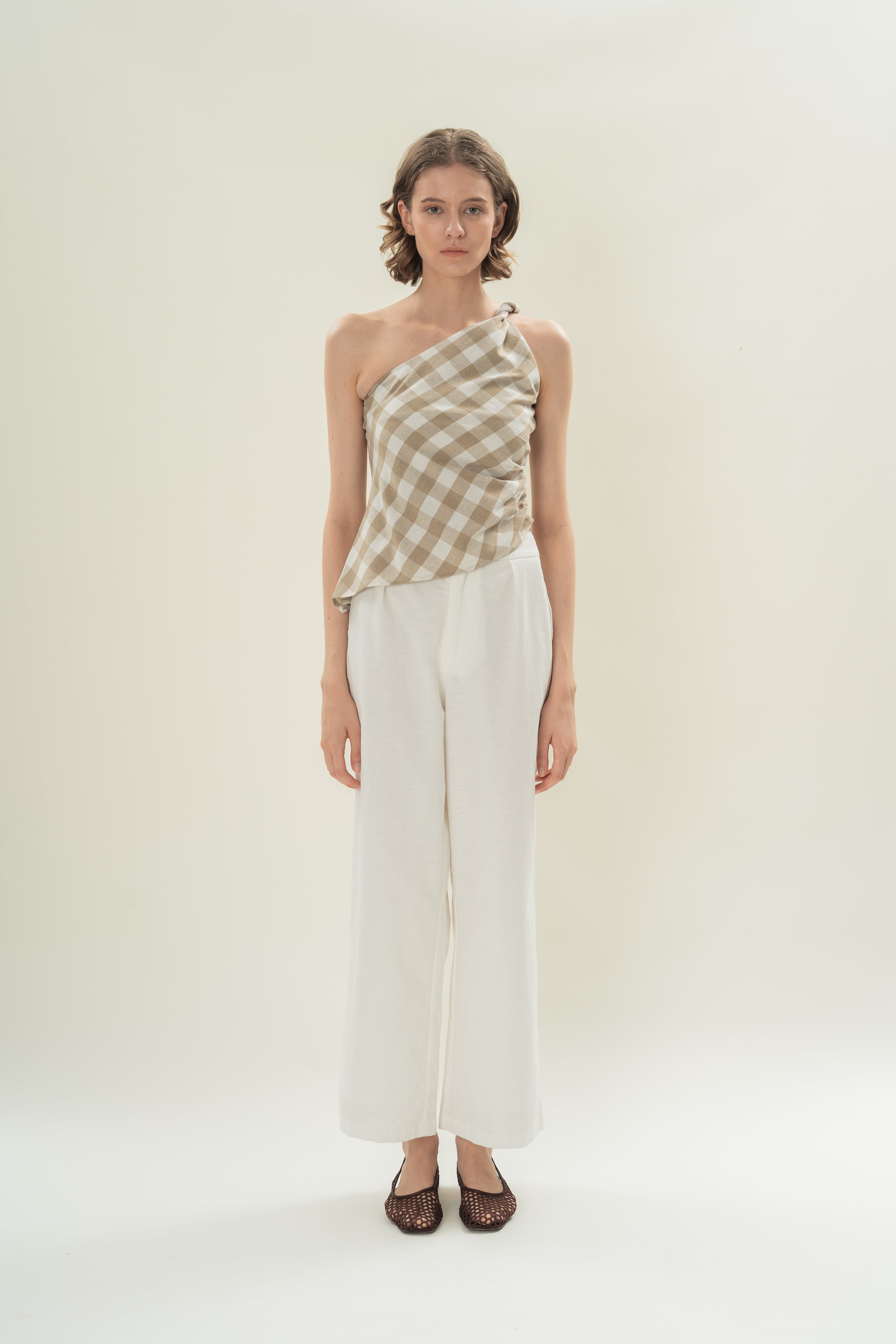 Draped Twist Knot Toga Top in Khaki Gingham