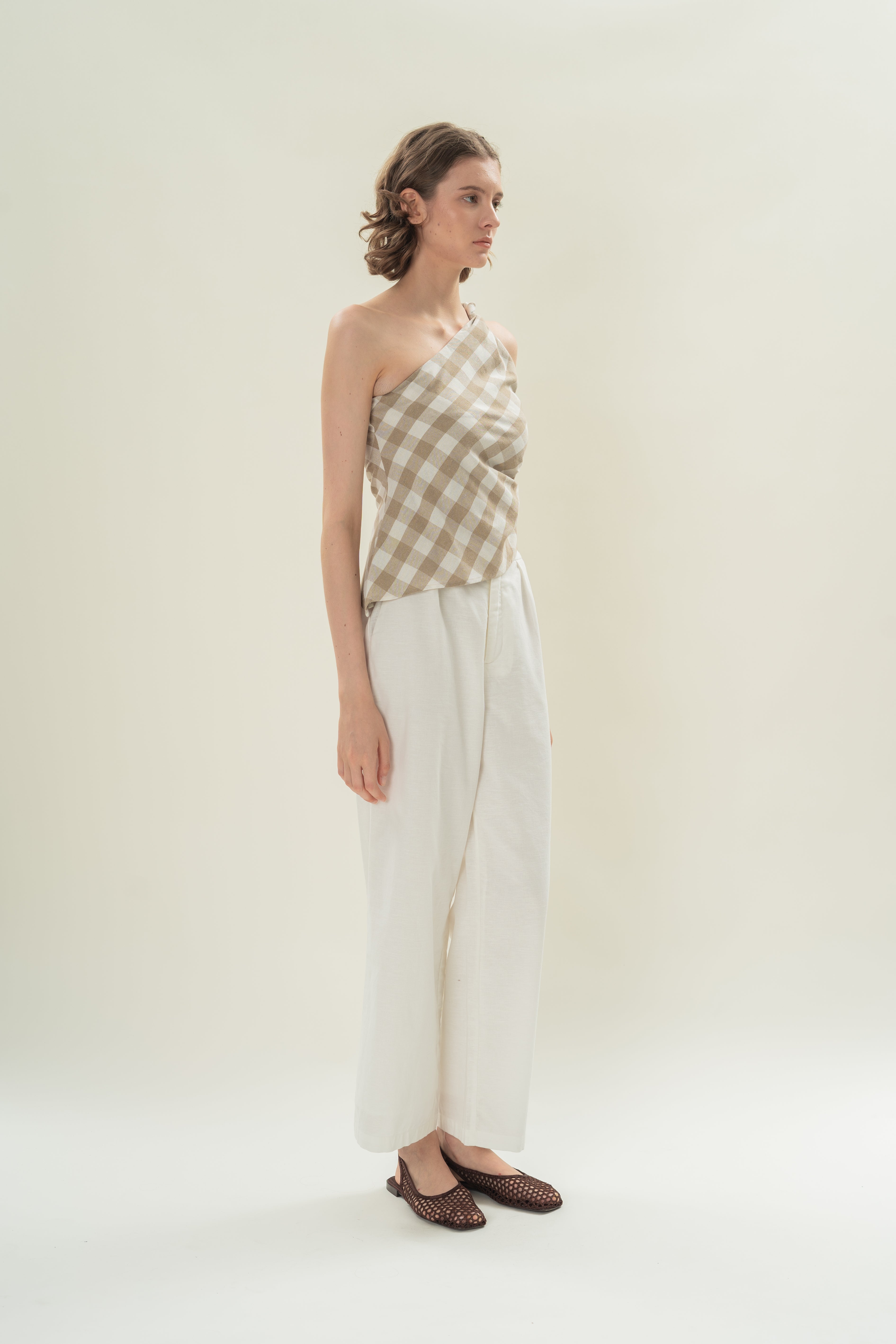 Draped Twist Knot Toga Top in Khaki Gingham