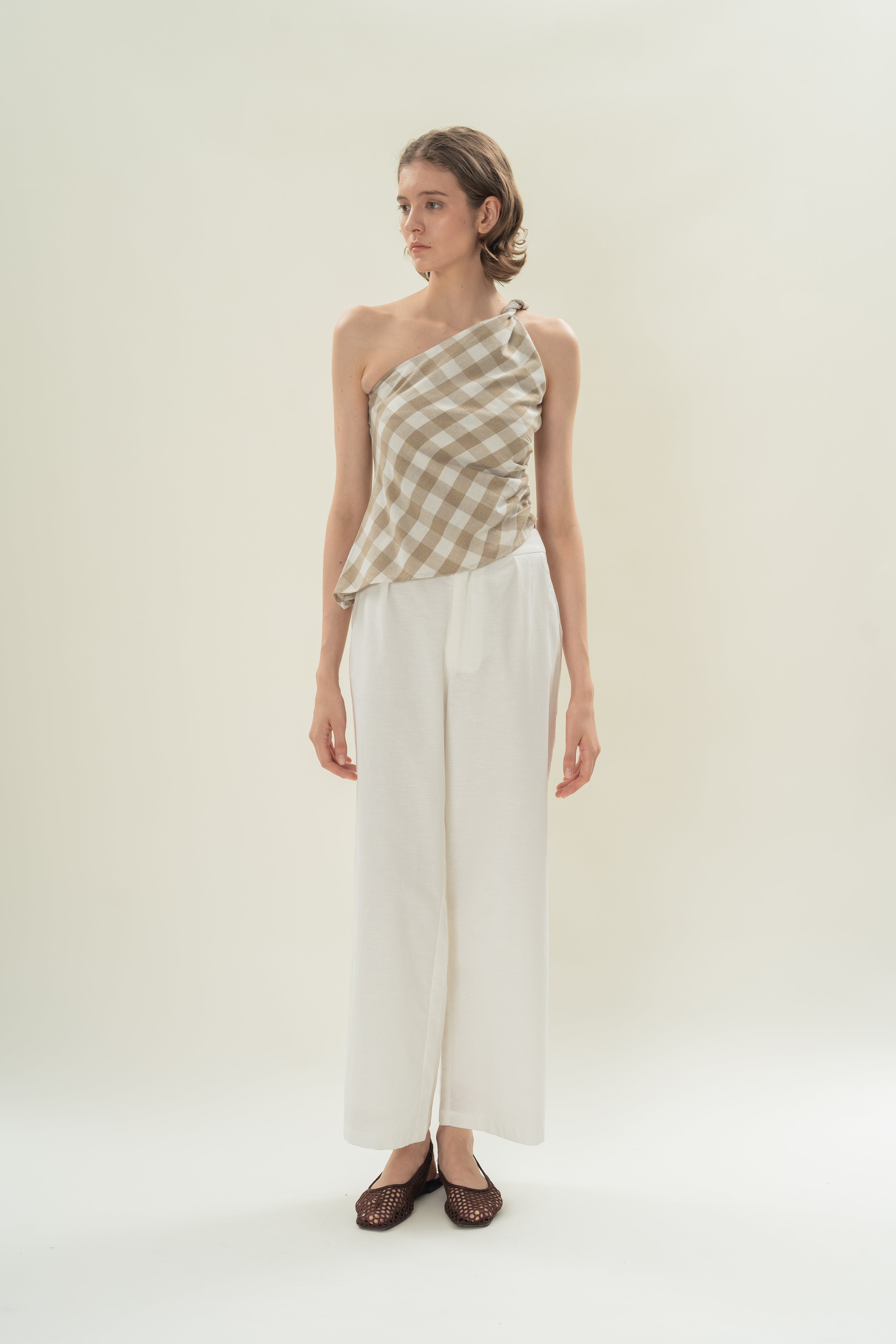 Draped Twist Knot Toga Top in Khaki Gingham