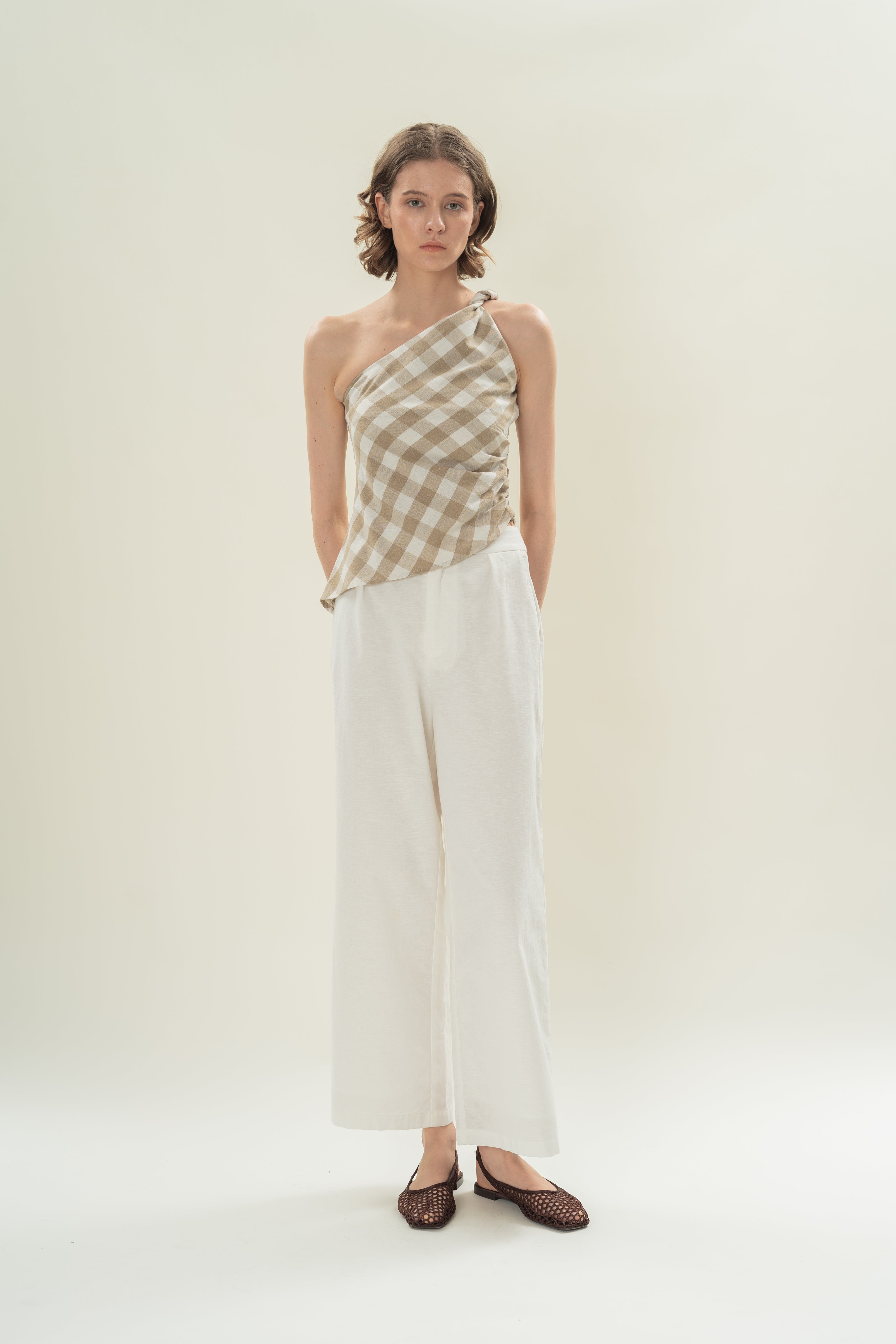 Draped Twist Knot Toga Top in Khaki Gingham