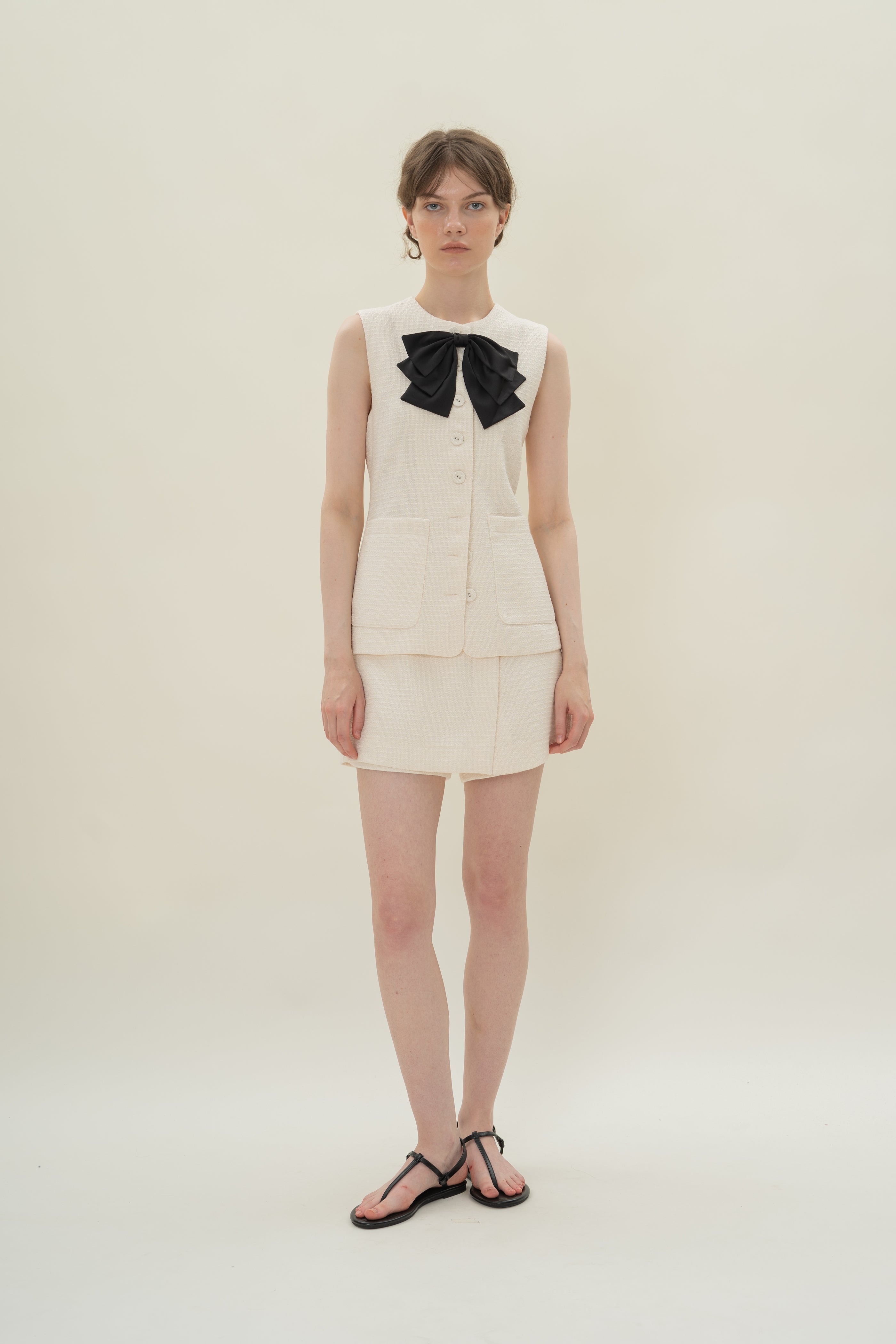 Textured Long Round Neck Waistcoat in Tweed White with Detachable Bow