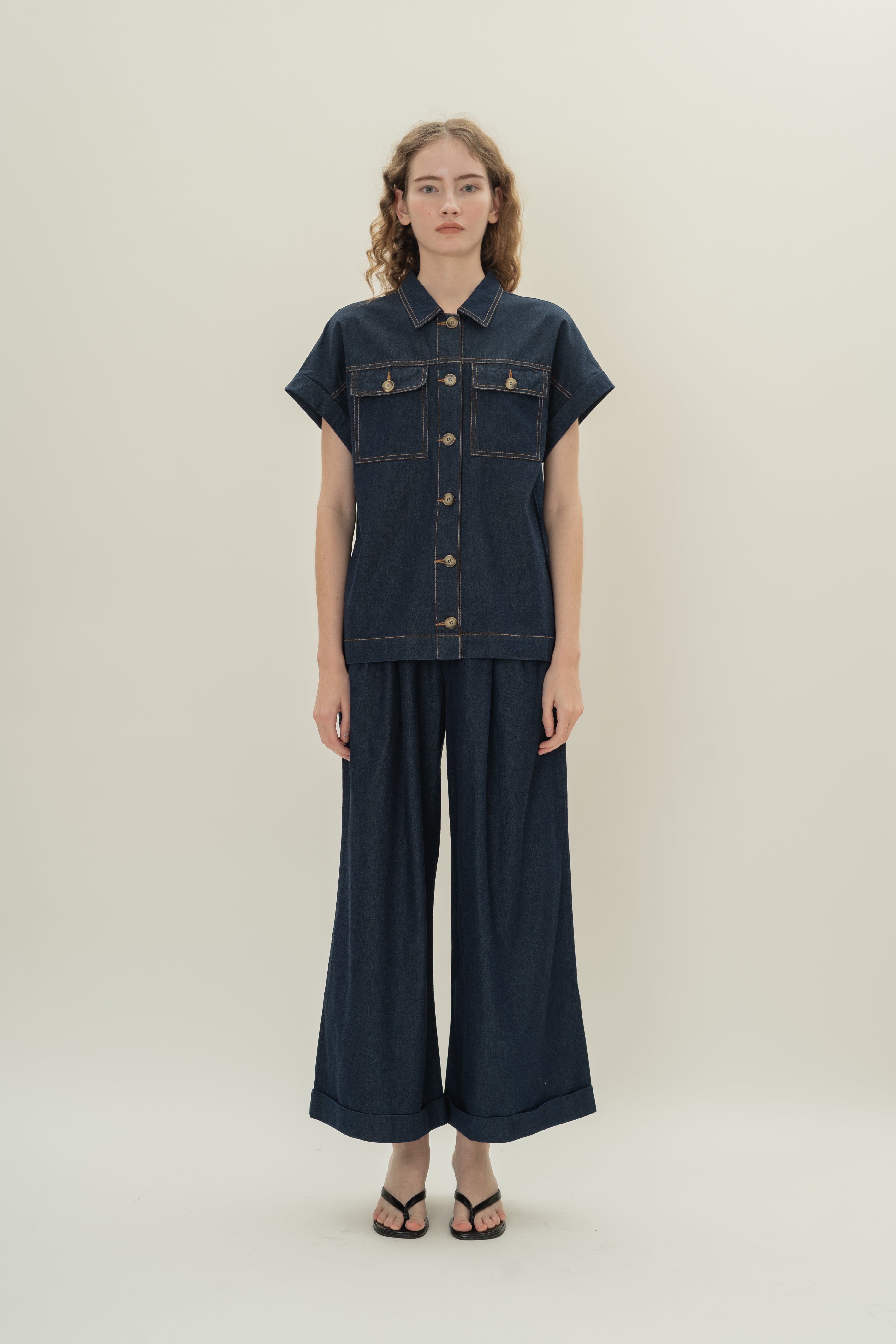 Relaxed Denim Button Shirt Top in Dark Wash
