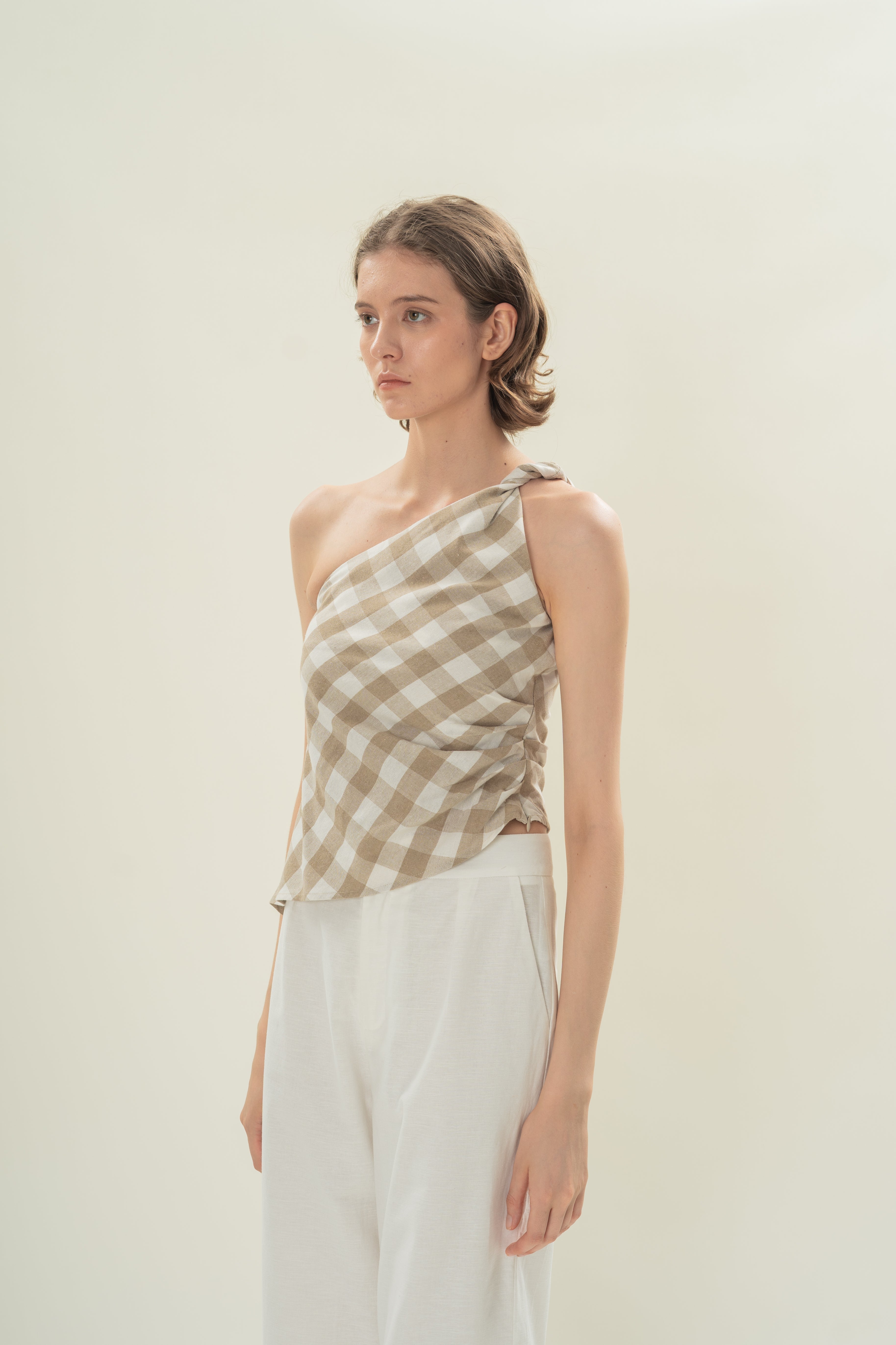 Draped Twist Knot Toga Top in Khaki Gingham