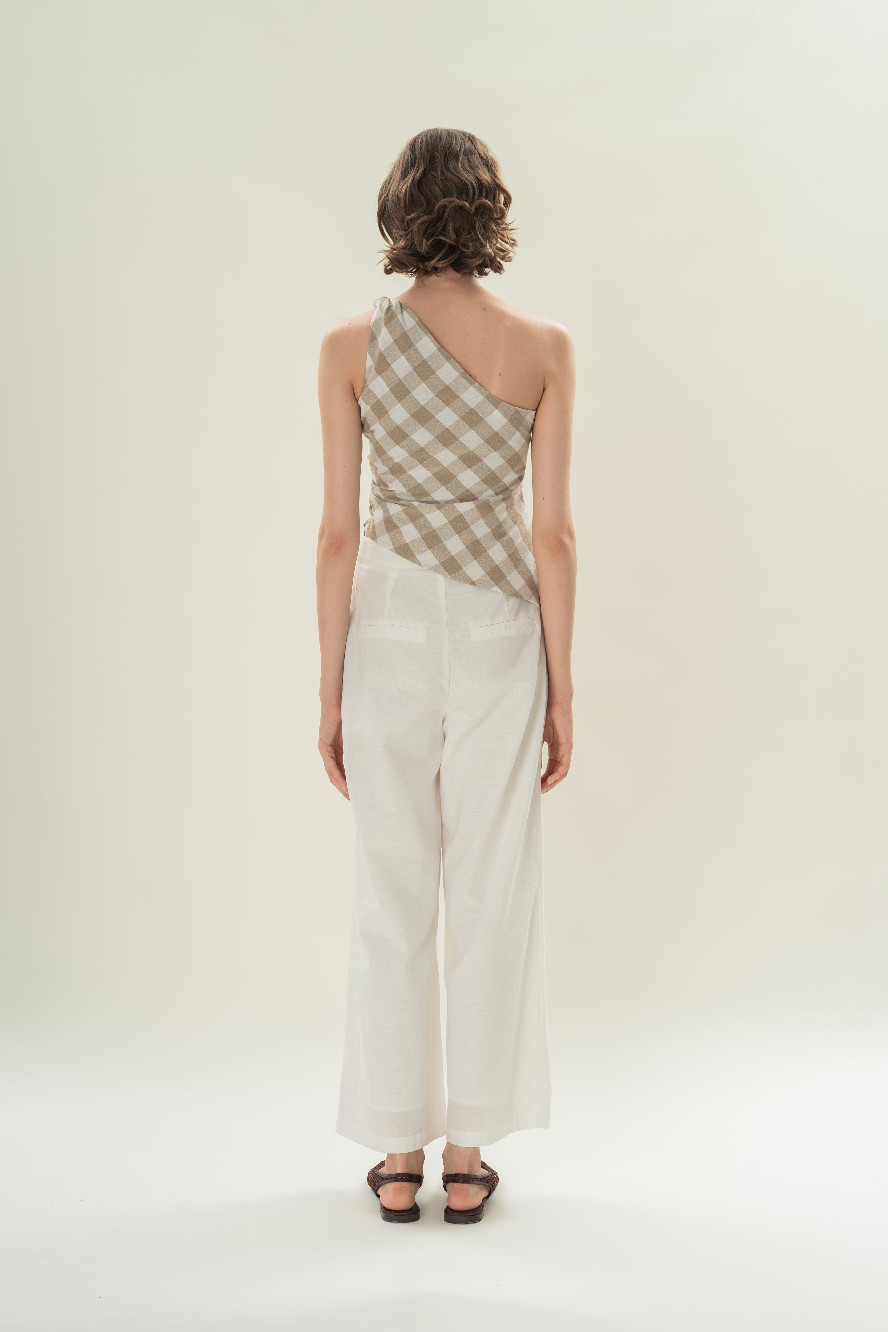 Draped Twist Knot Toga Top in Khaki Gingham