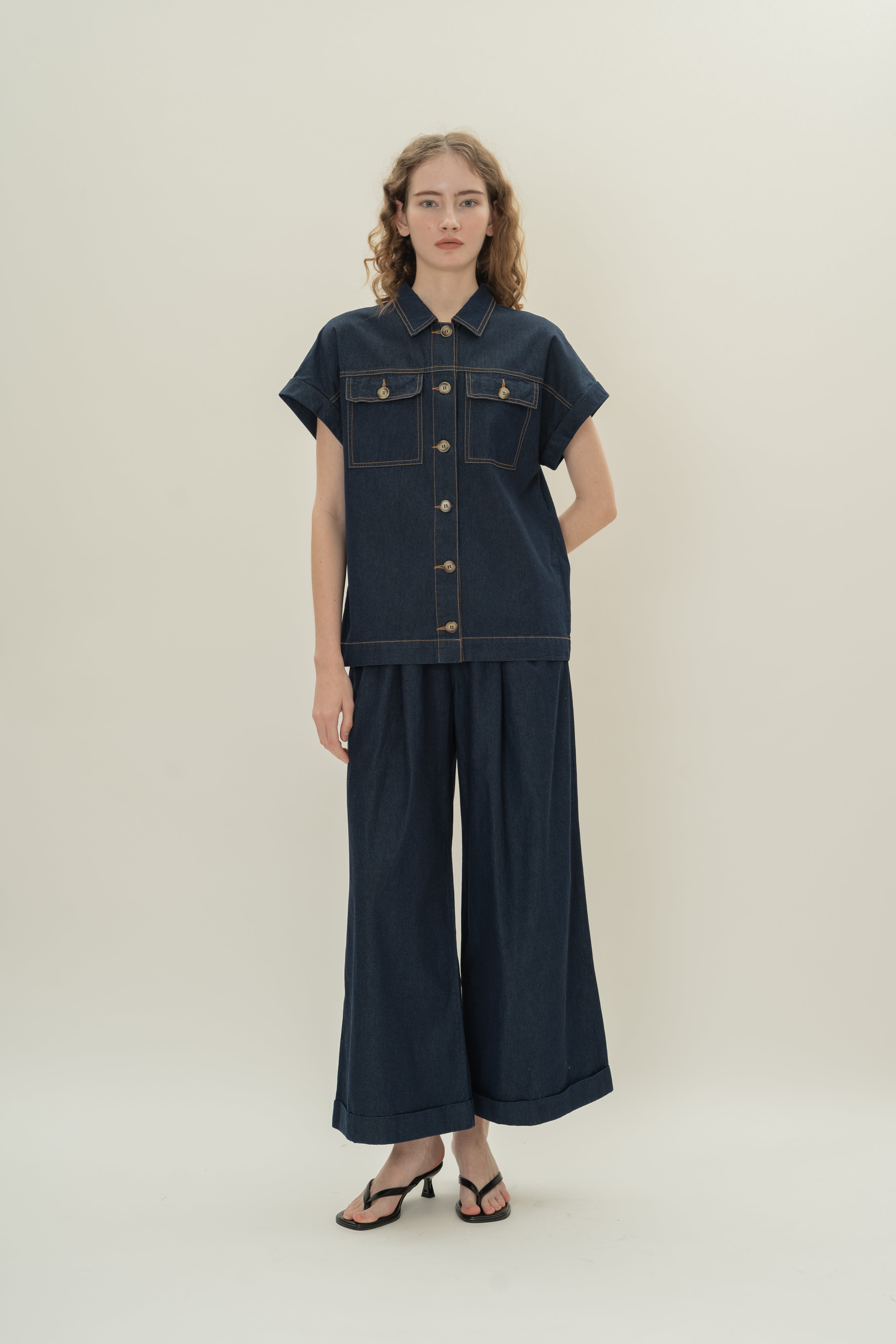 Relaxed Denim Button Shirt Top in Dark Wash