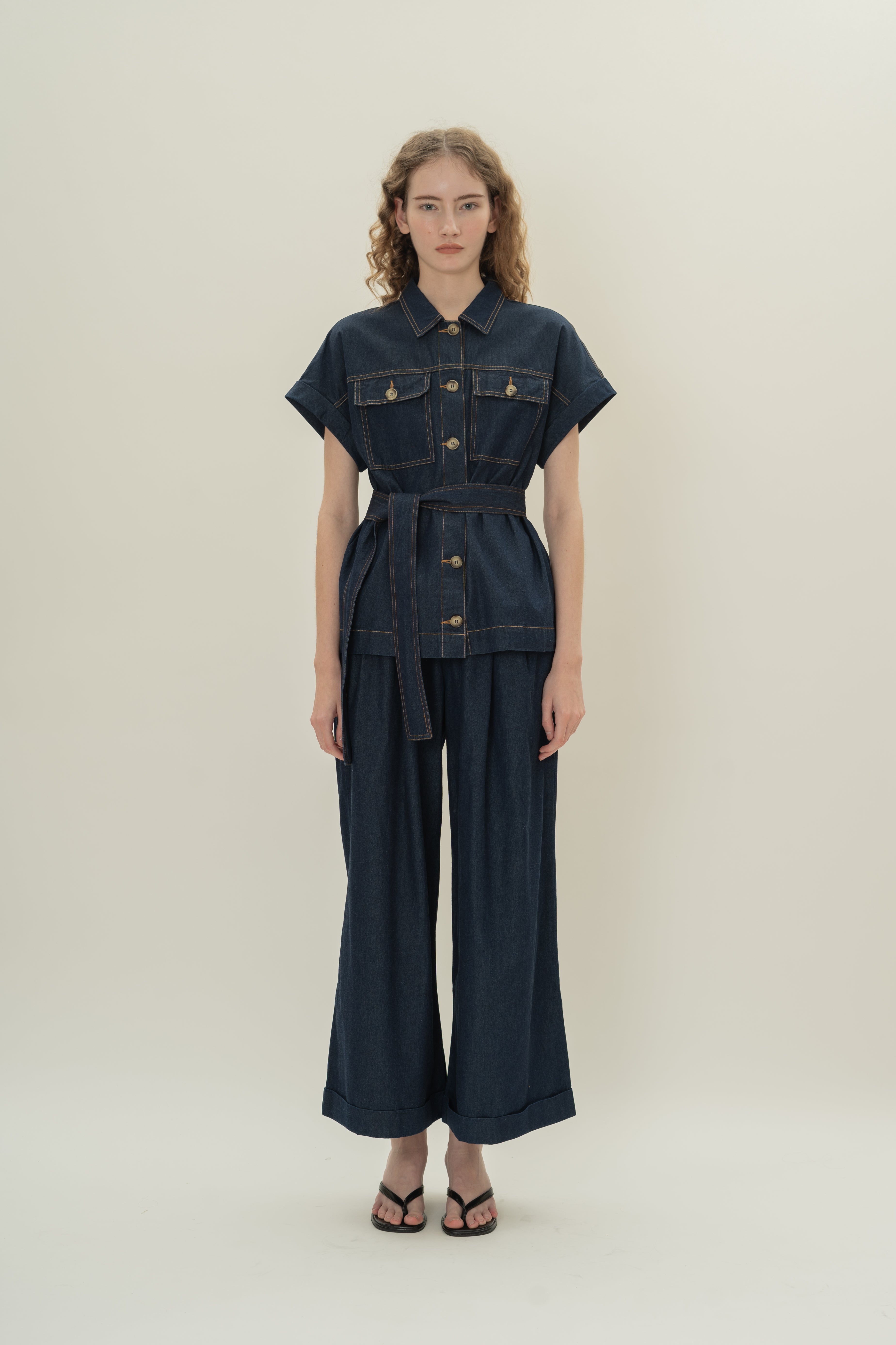 Relaxed Denim Button Shirt Top in Dark Wash