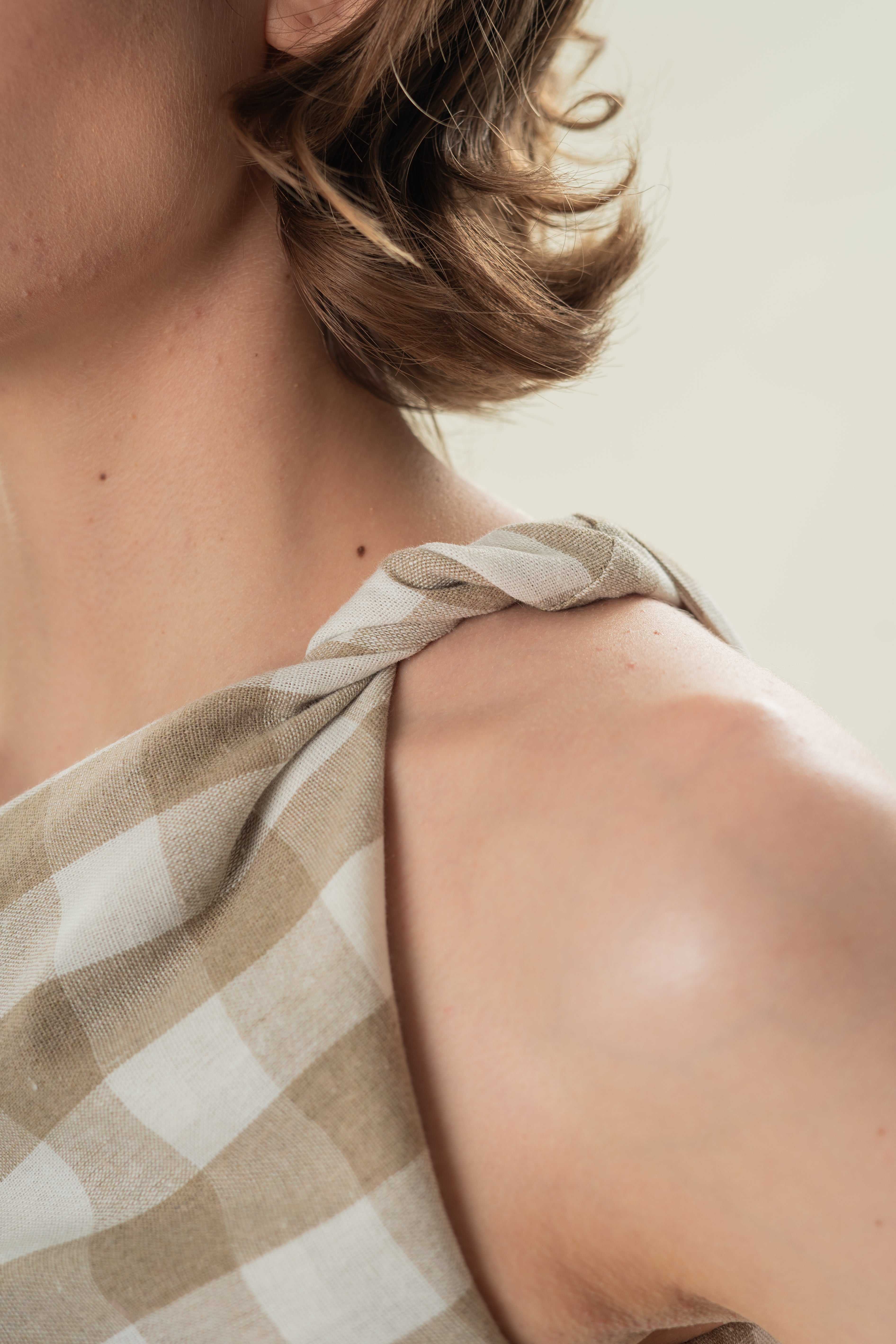 Draped Twist Knot Toga Top in Khaki Gingham