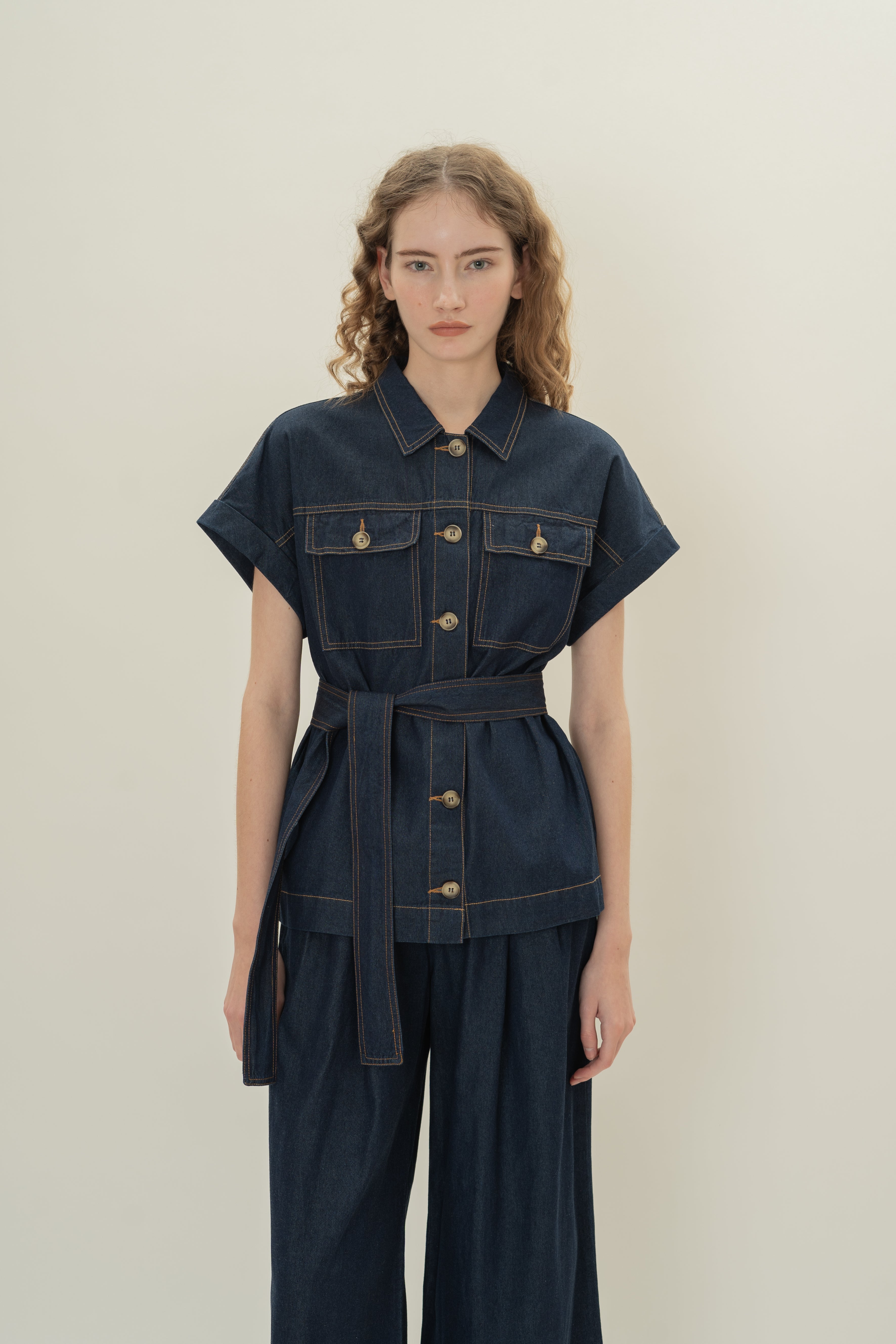 Relaxed Denim Button Shirt Top in Dark Wash