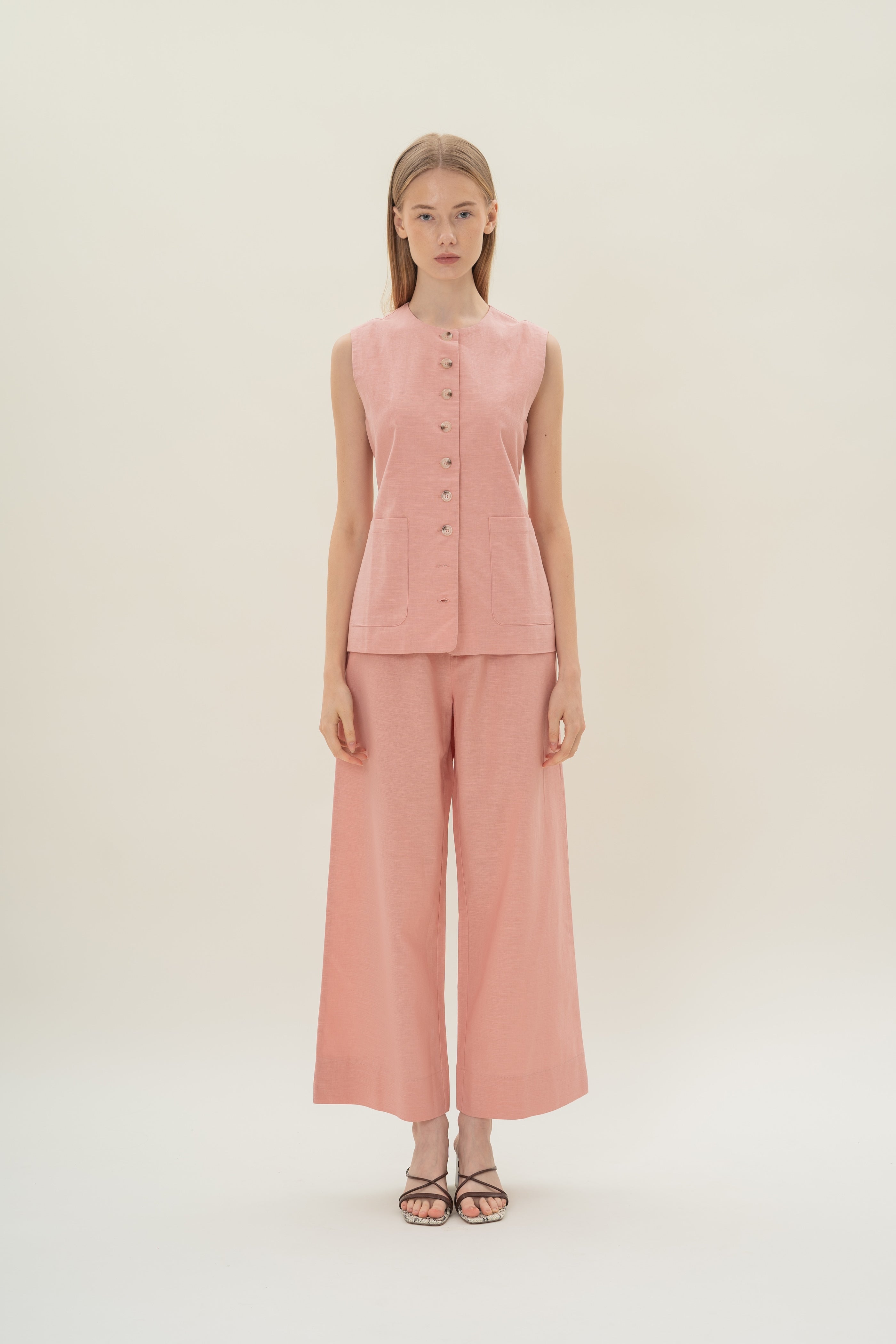 Textured Linen Trousers in Pink