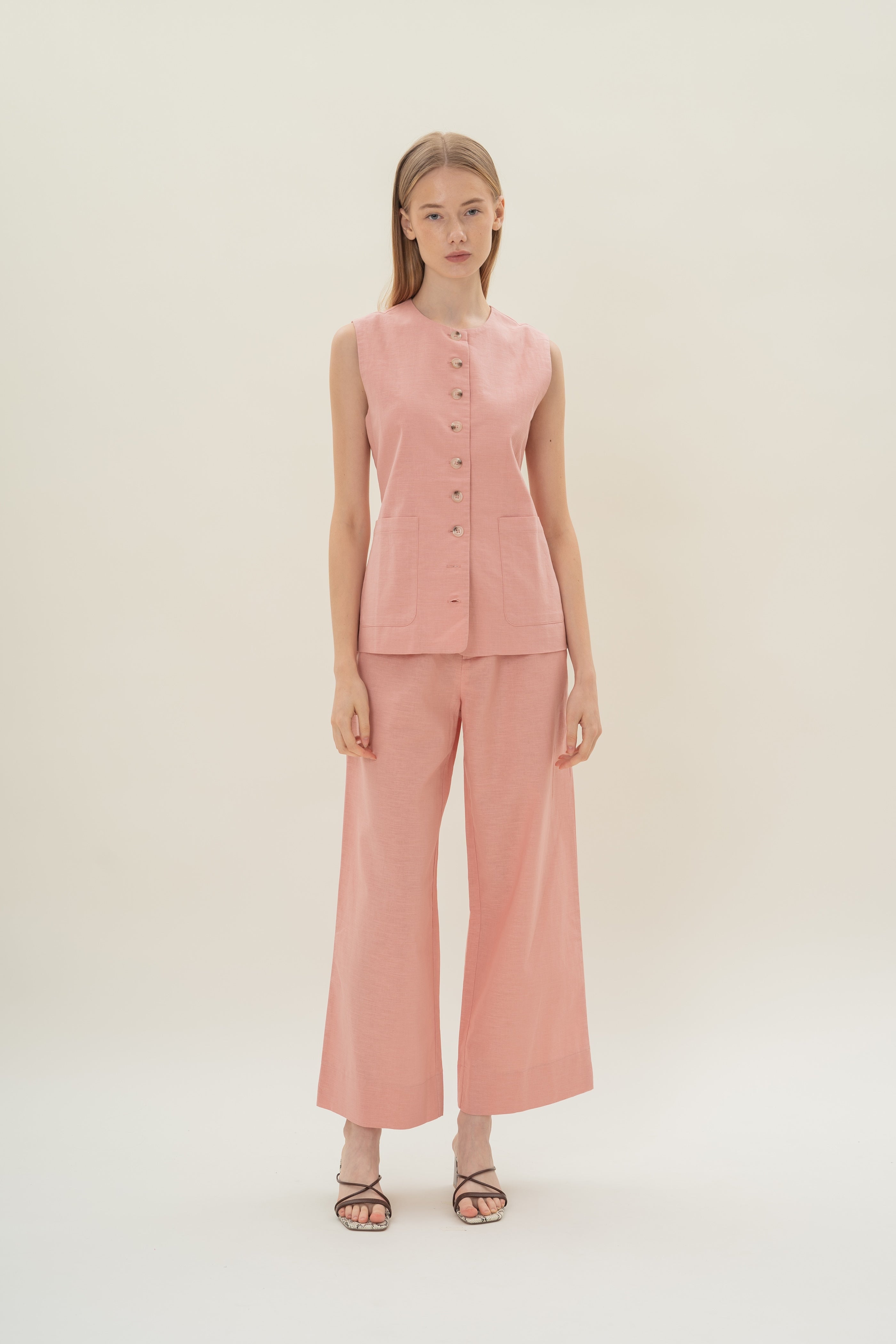 Textured Linen Trousers in Pink