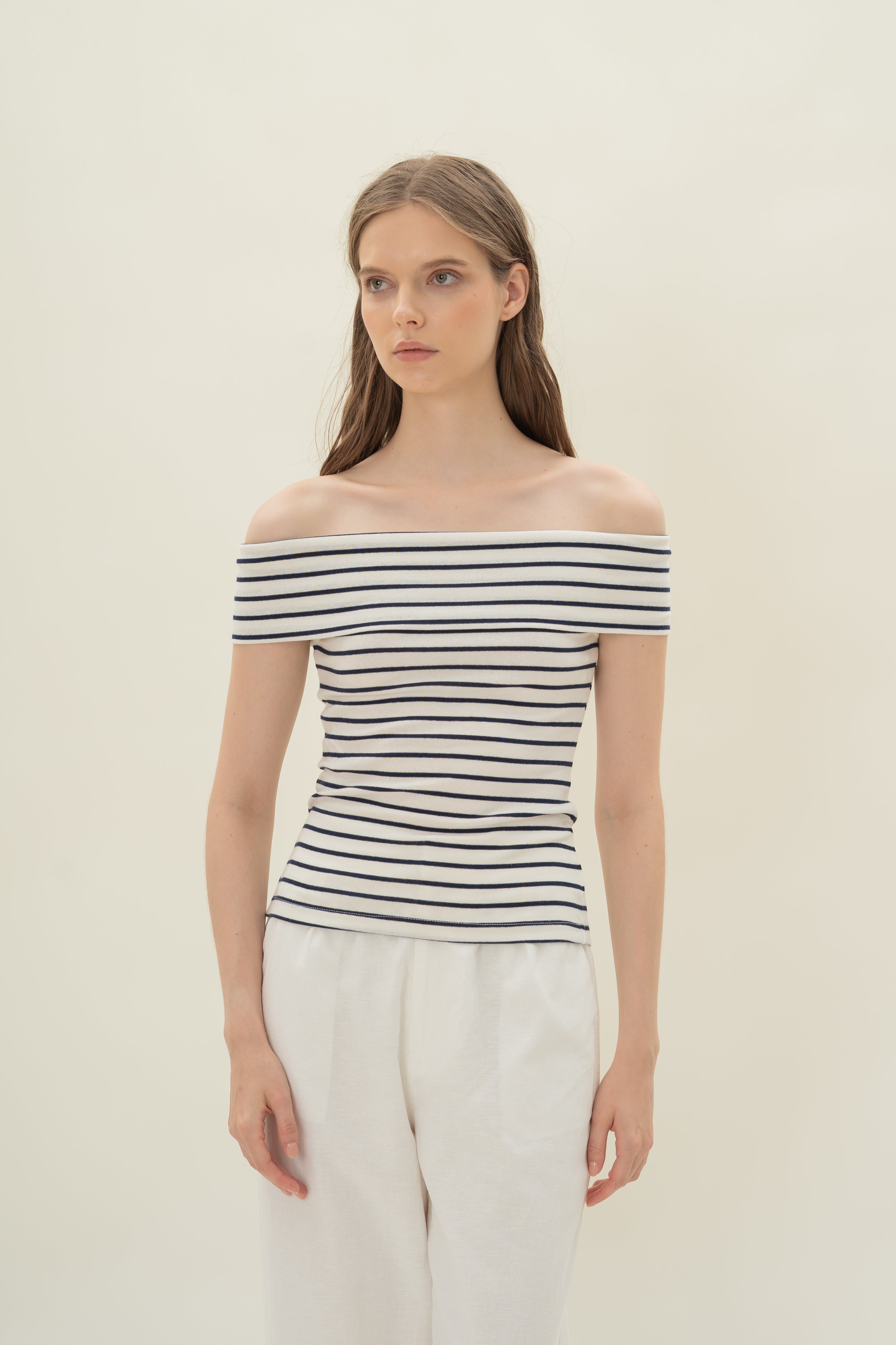 Off Shoulder Stripe Top in Navy Stripe