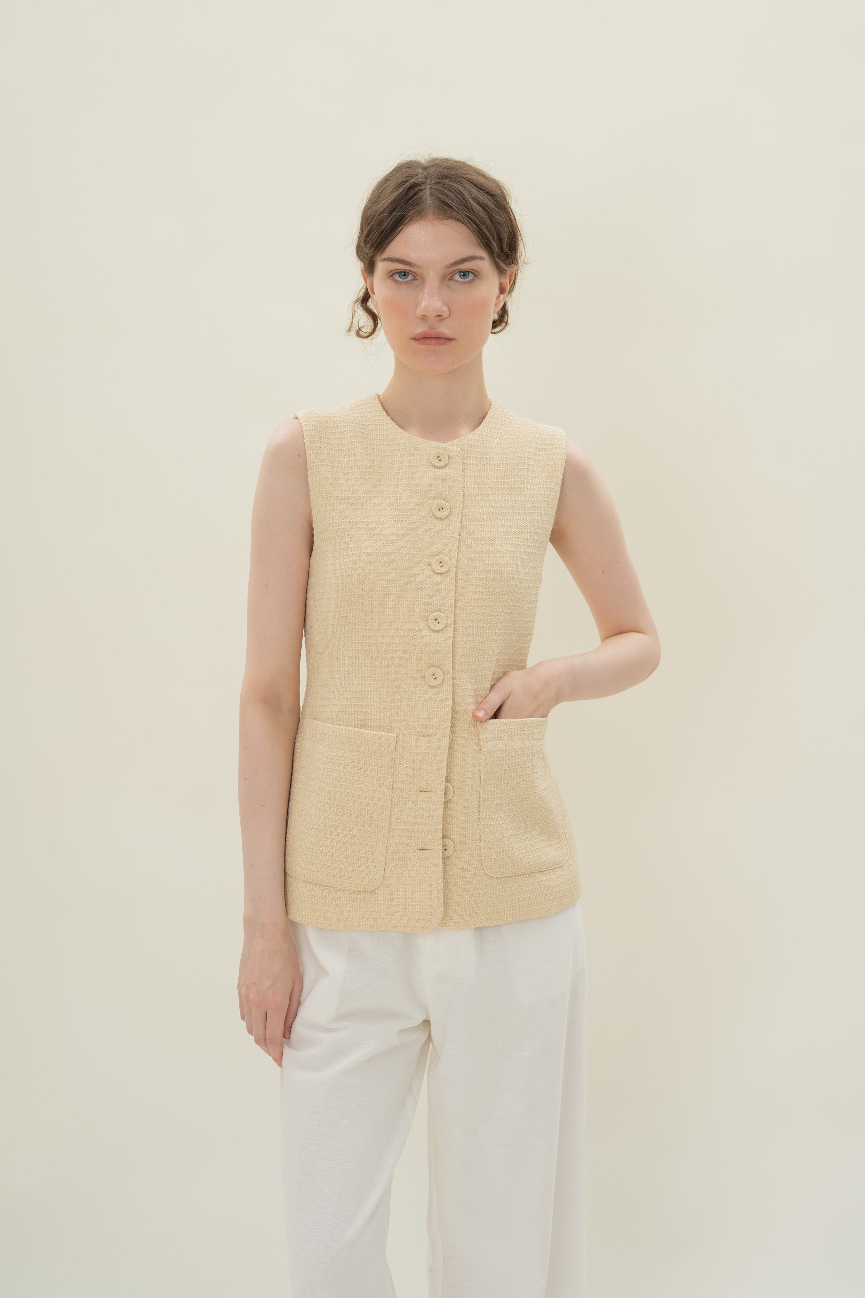 Textured Long Round Neck Waistcoat in Tweed Yellow with Detachable Bow