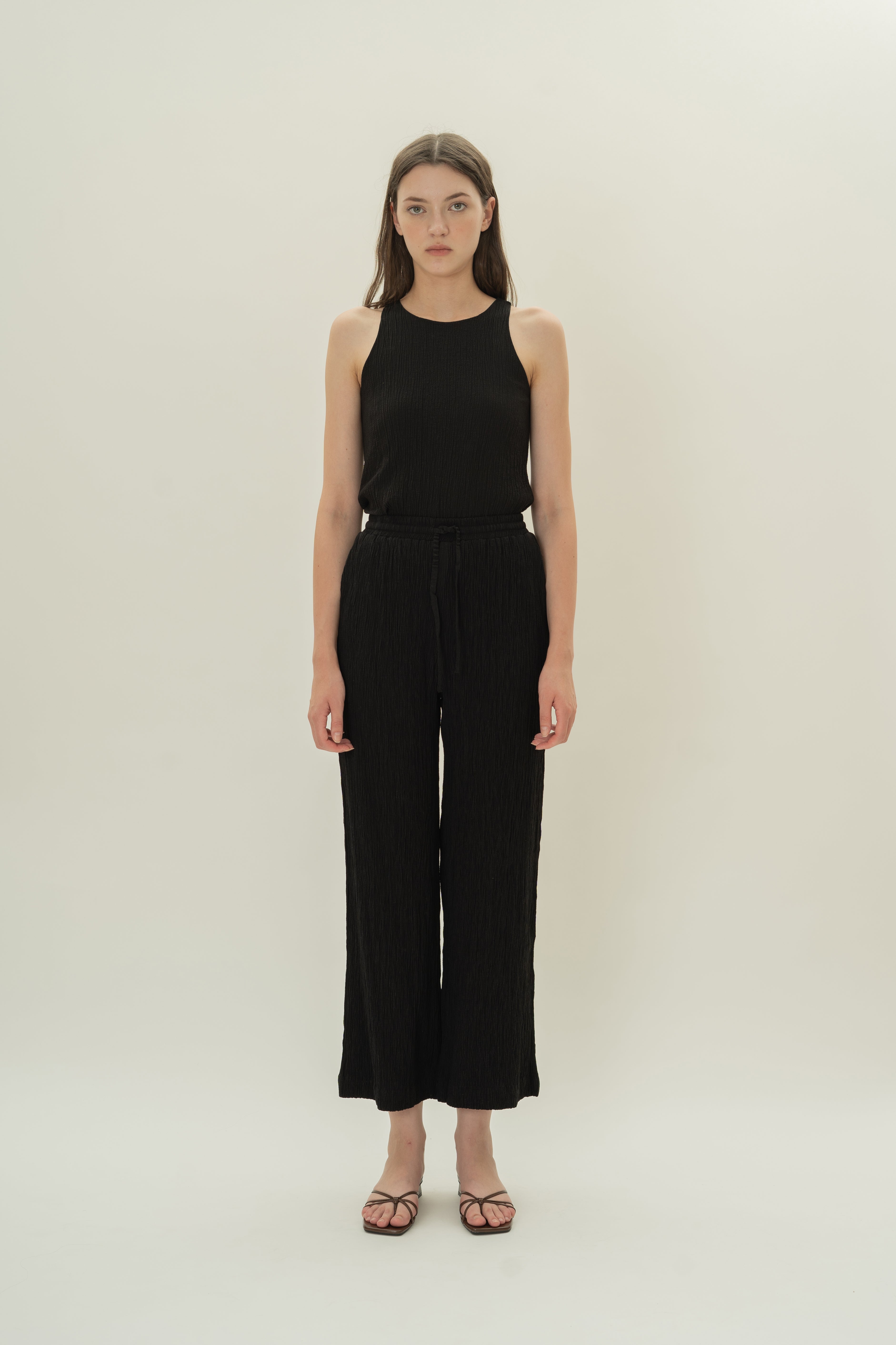 Cotton Blend Textured Drawstring Pants in Black