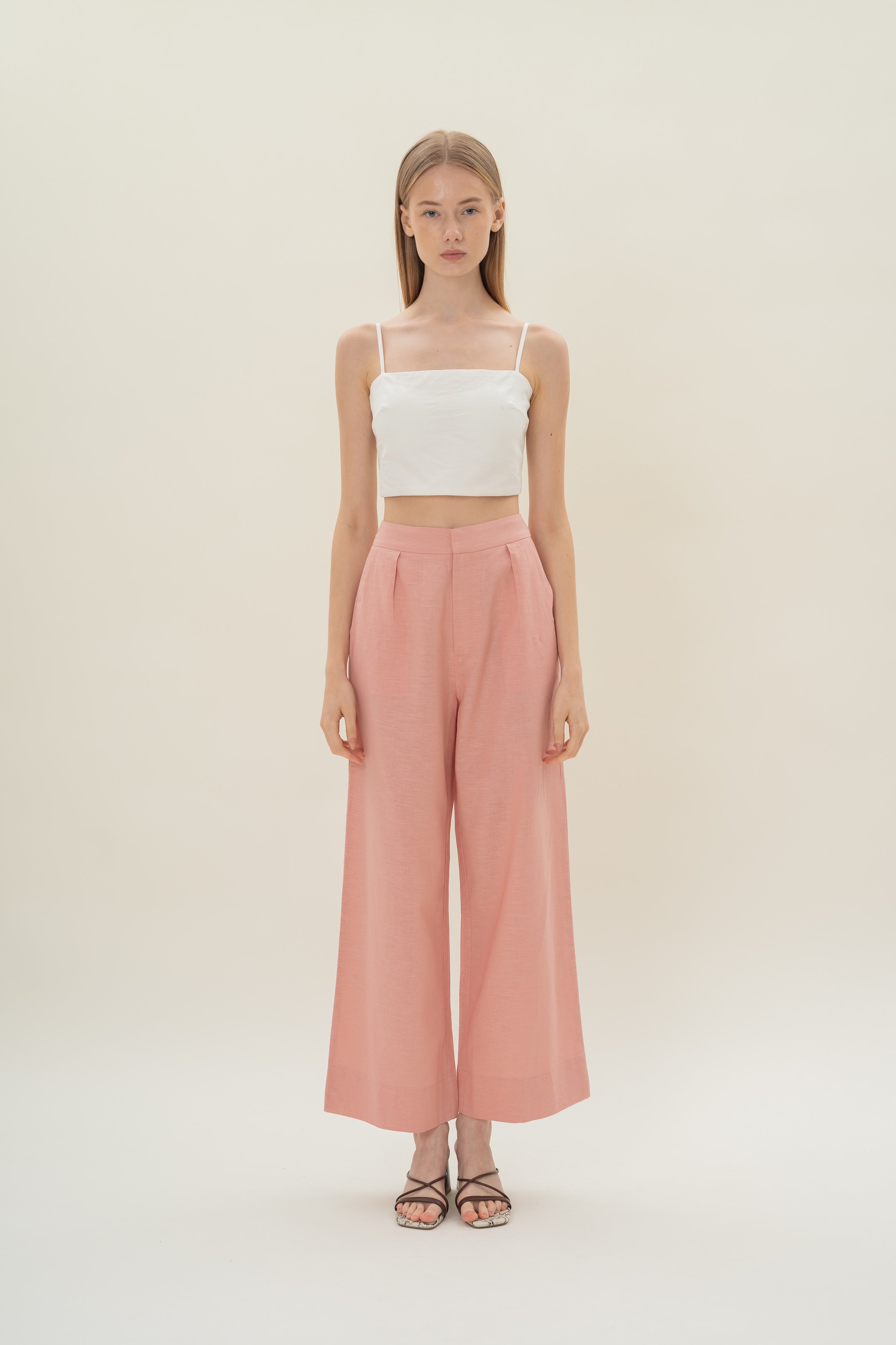 Textured Linen Trousers in Pink
