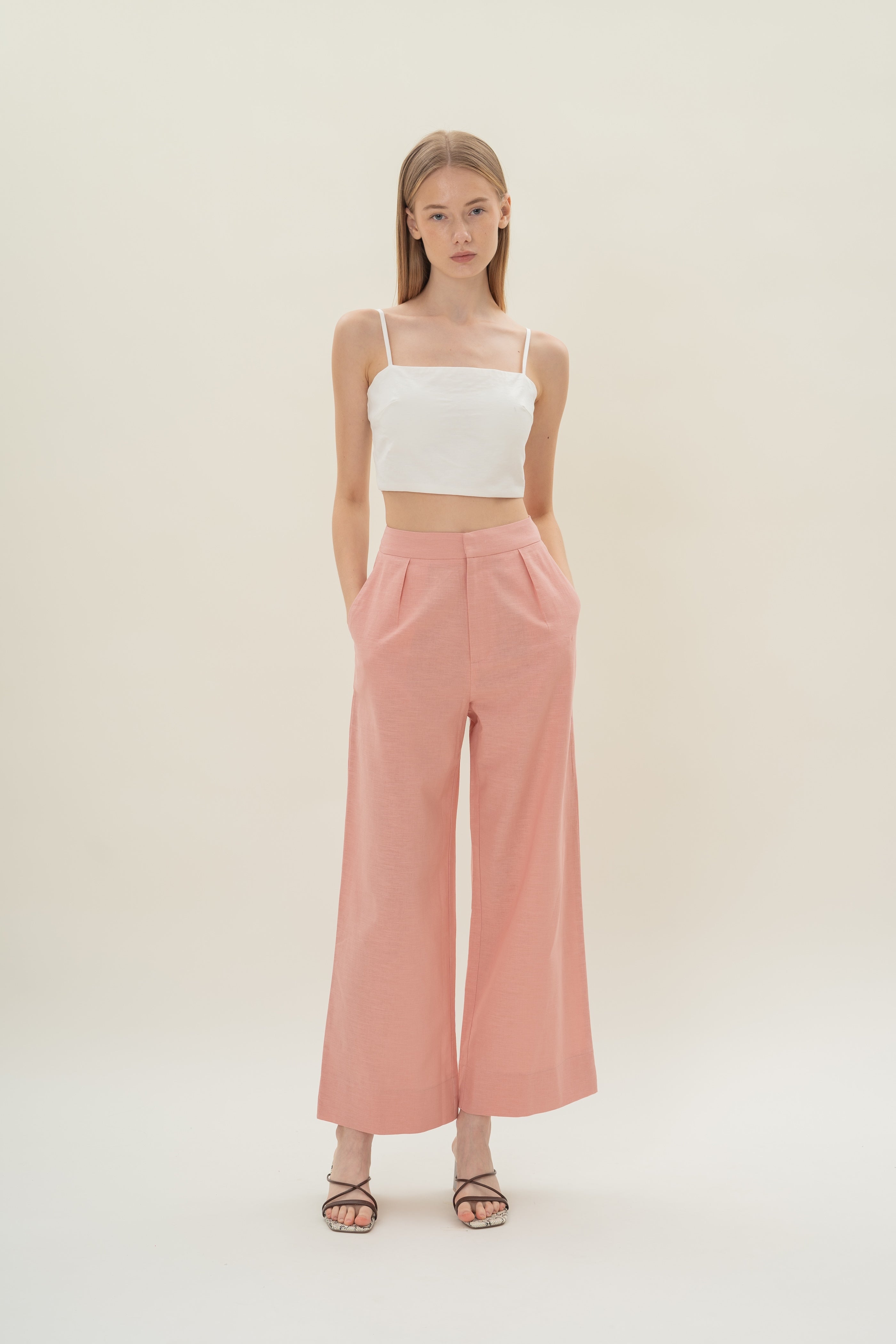 Textured Linen Trousers in Pink
