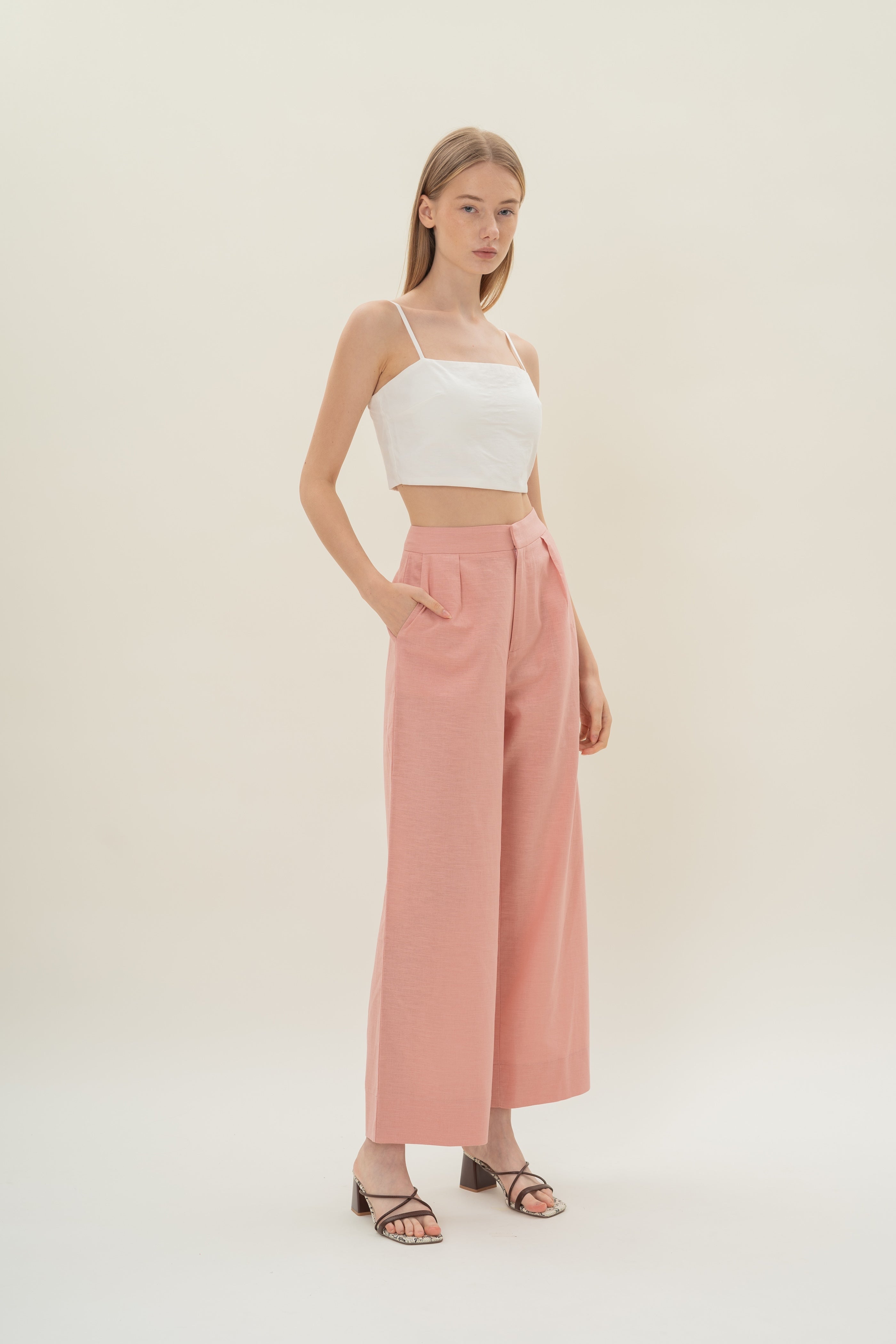 Textured Linen Trousers in Pink