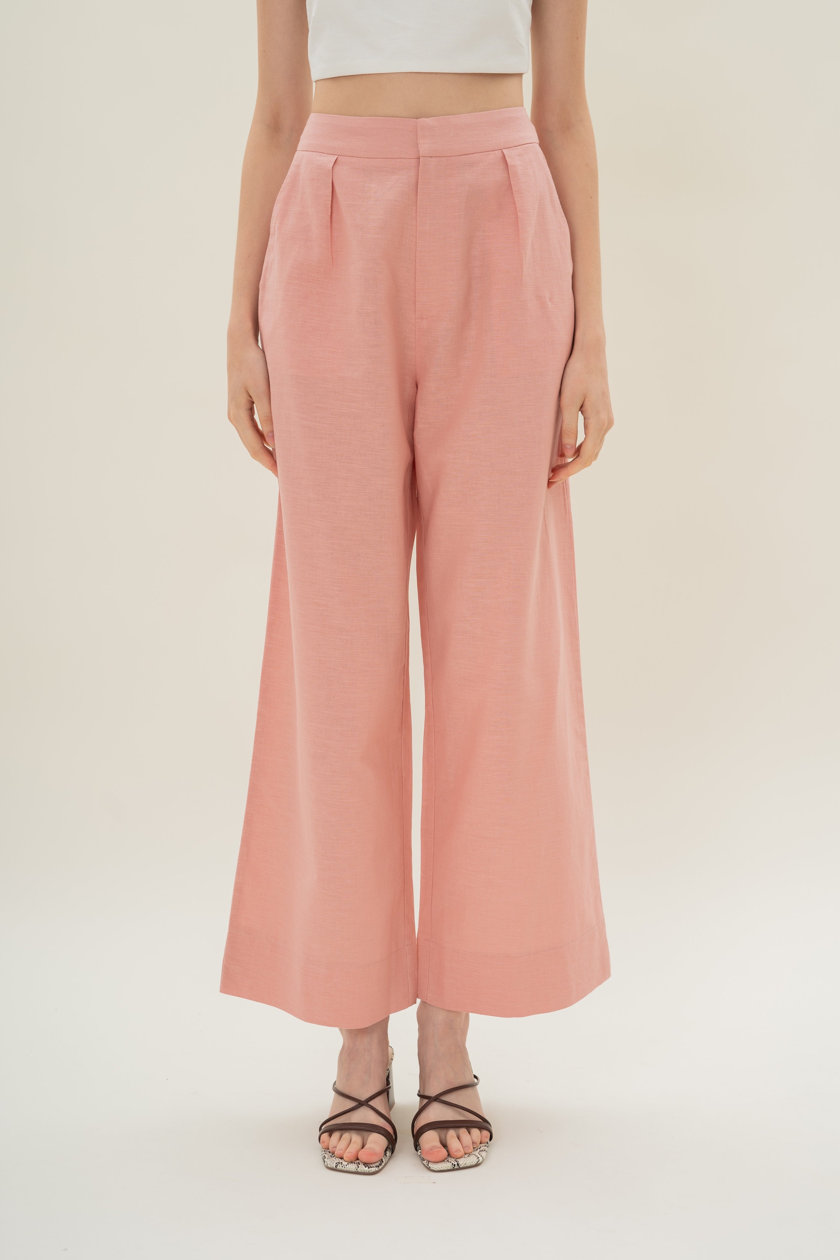 Textured Linen Trousers in Pink