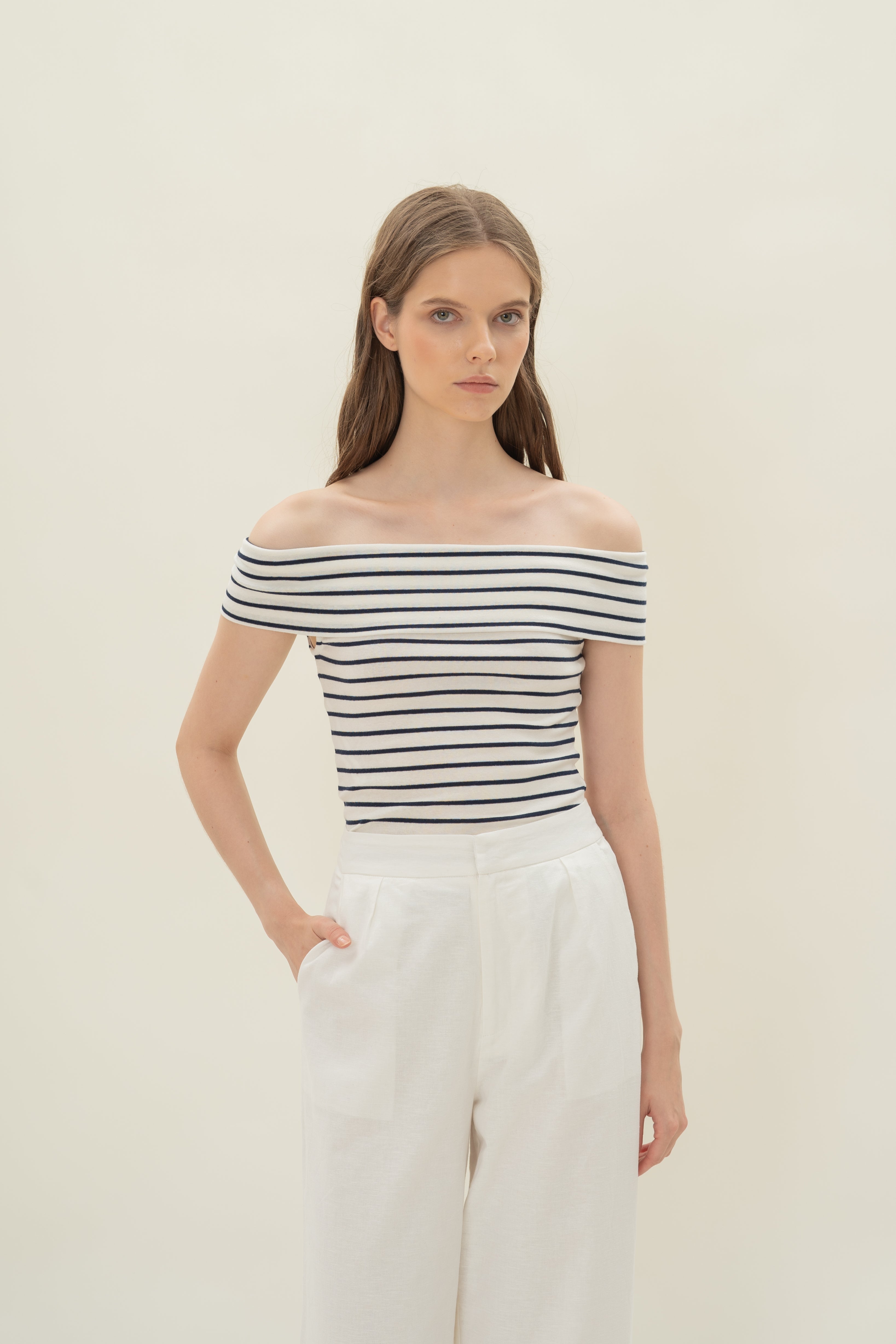 Off Shoulder Stripe Top in Navy Stripe