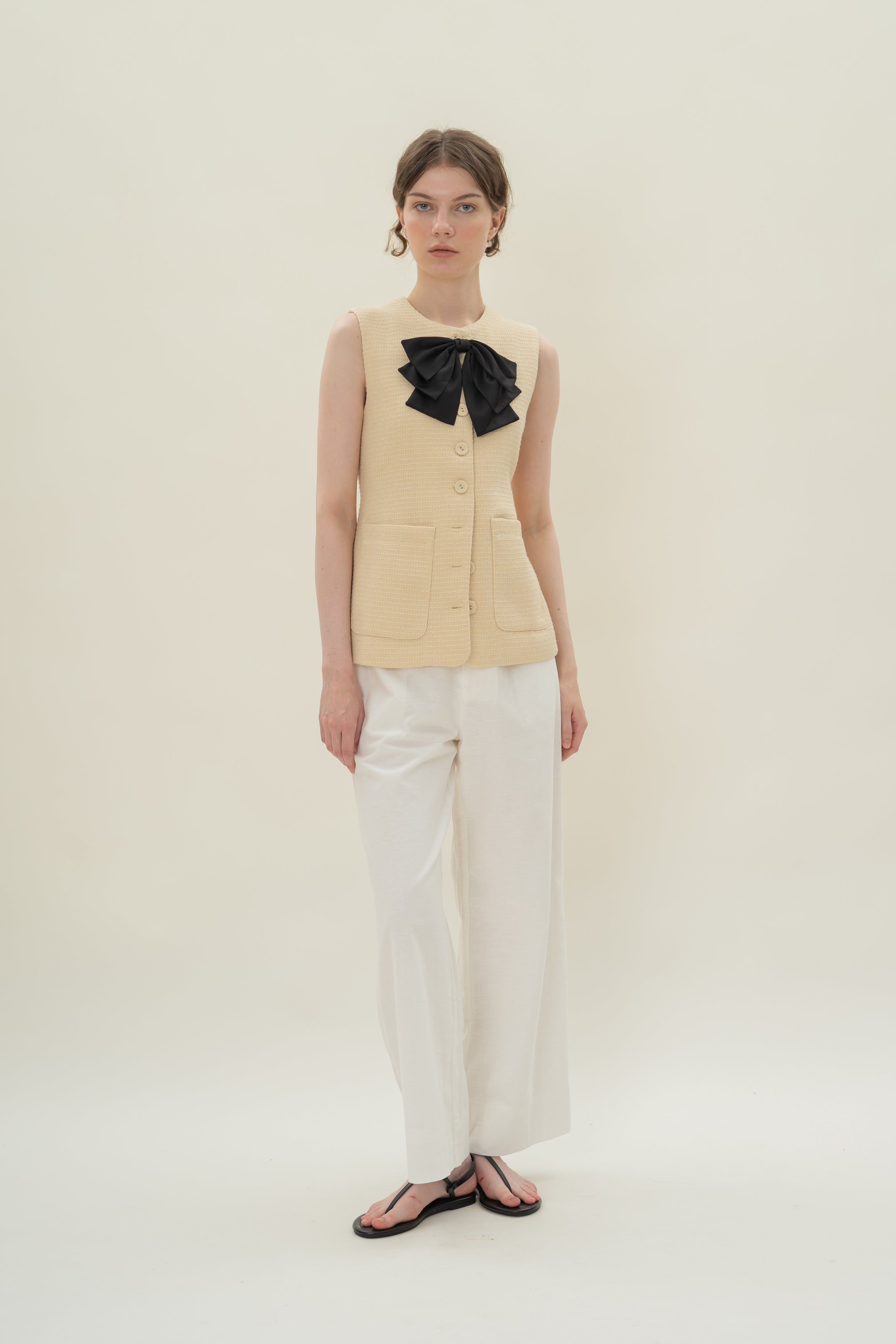 Textured Long Round Neck Waistcoat in Tweed Yellow with Detachable Bow