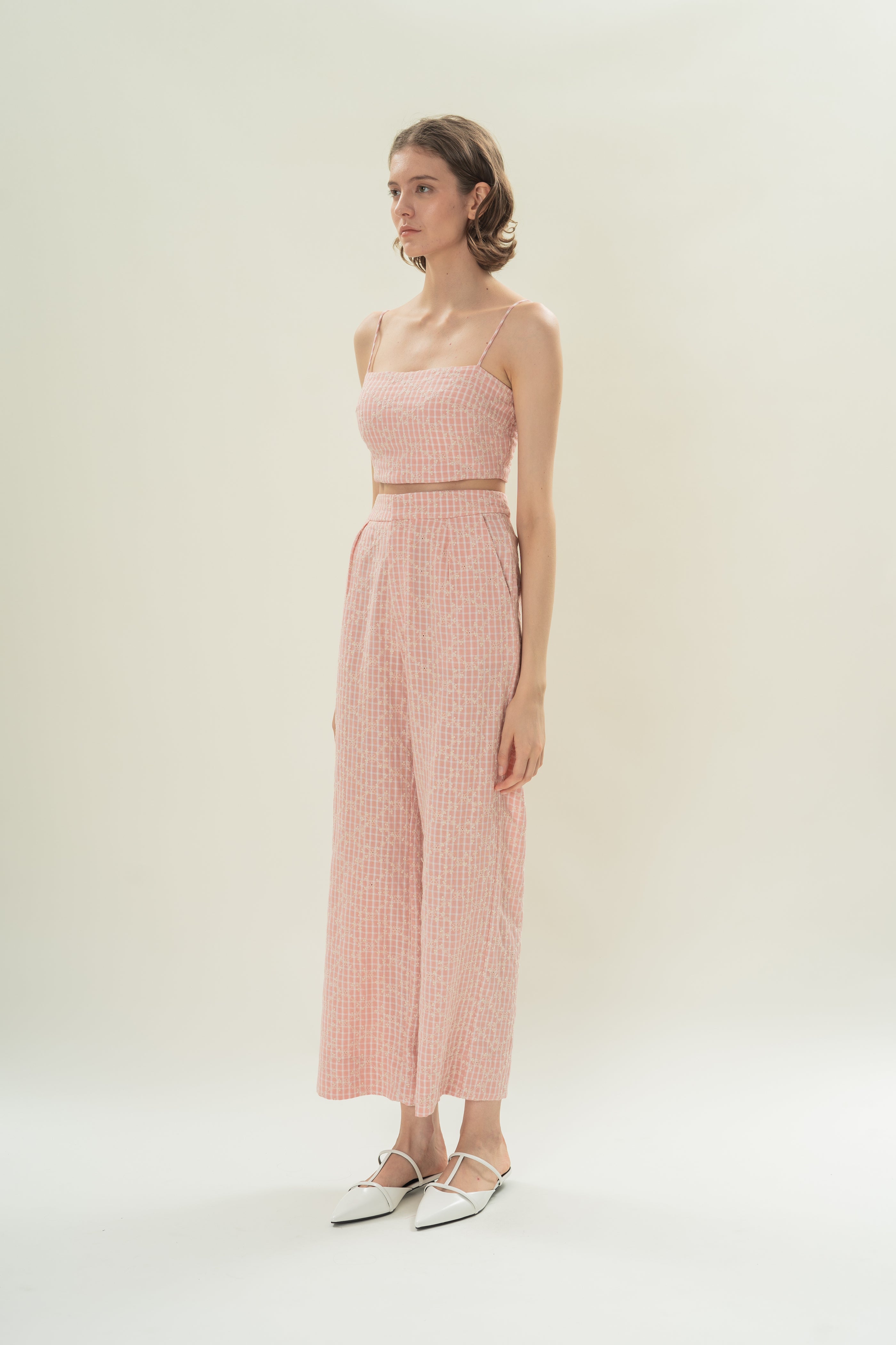 Cotton Pleated Straight Trousers in Pink