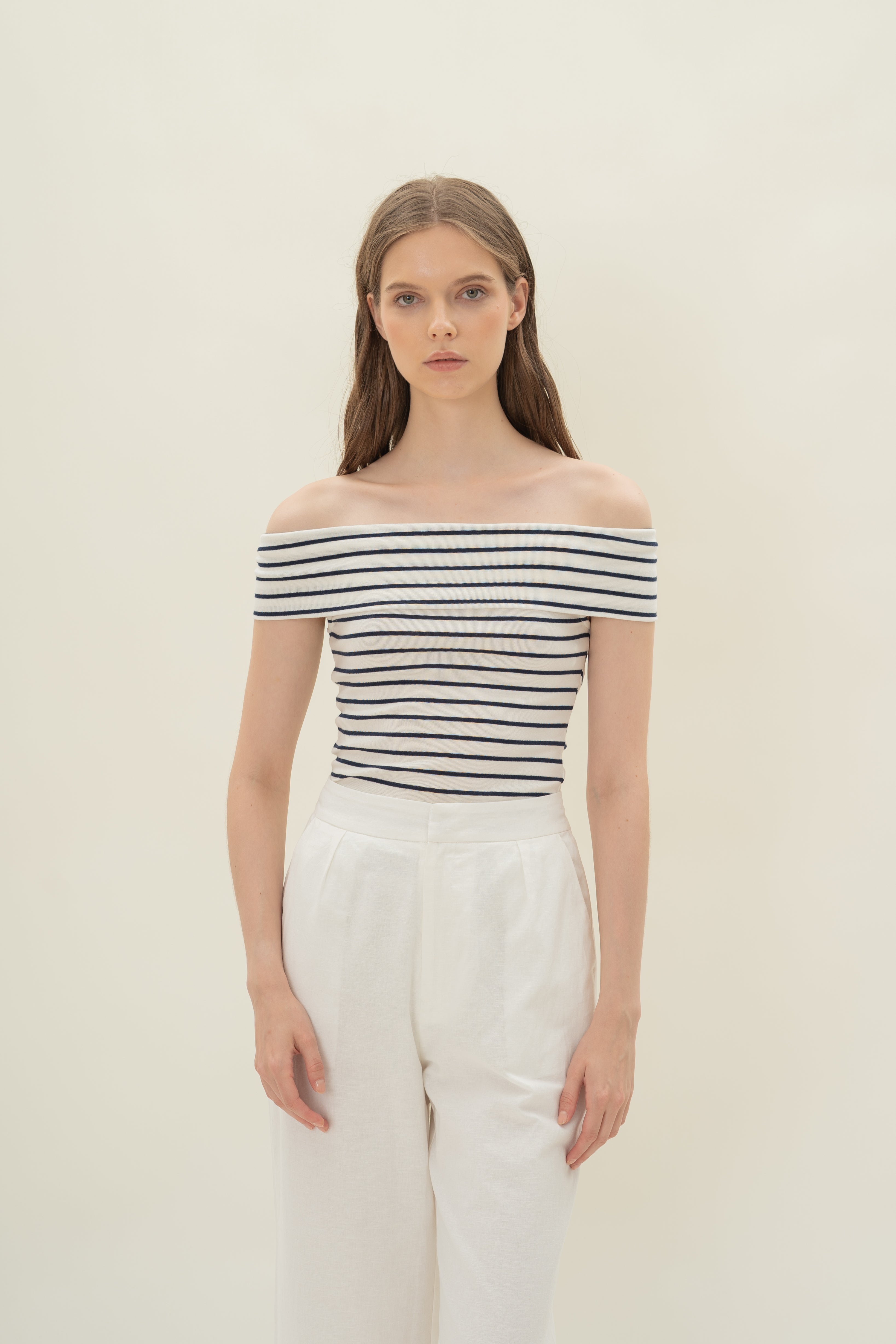 Off Shoulder Stripe Top in Navy Stripe