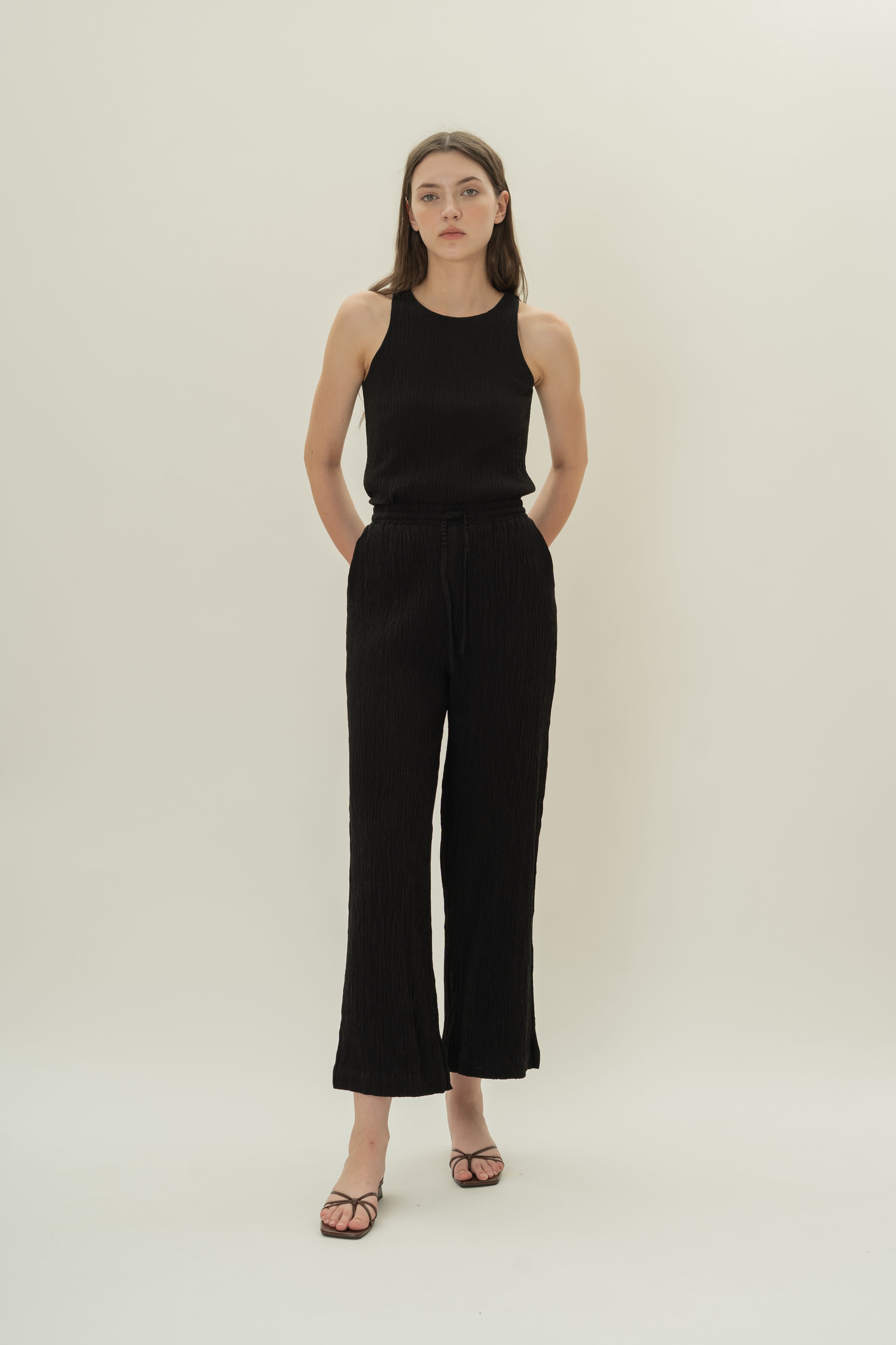 Cotton Blend Textured Drawstring Pants in Black