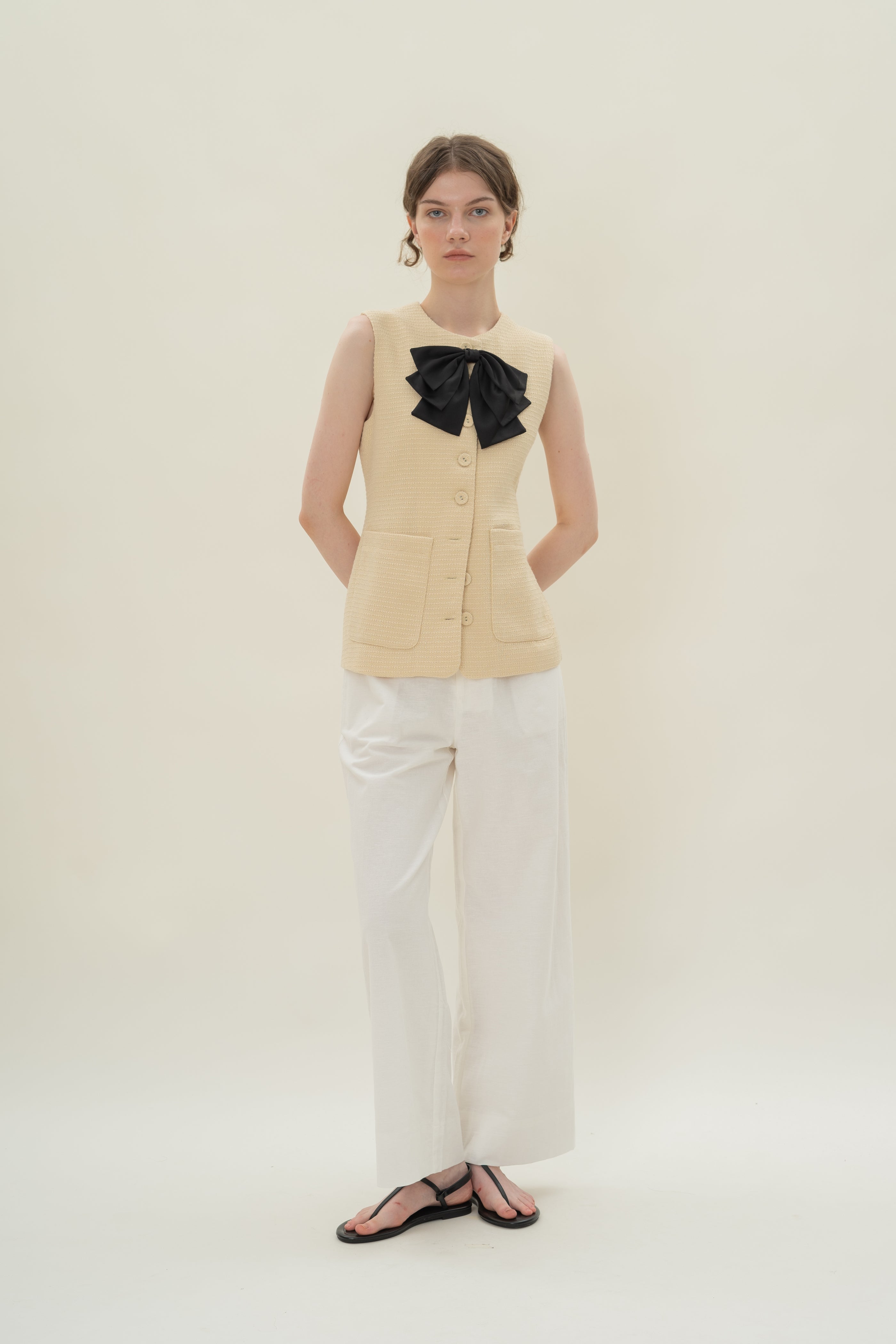 Textured Long Round Neck Waistcoat in Tweed Yellow with Detachable Bow