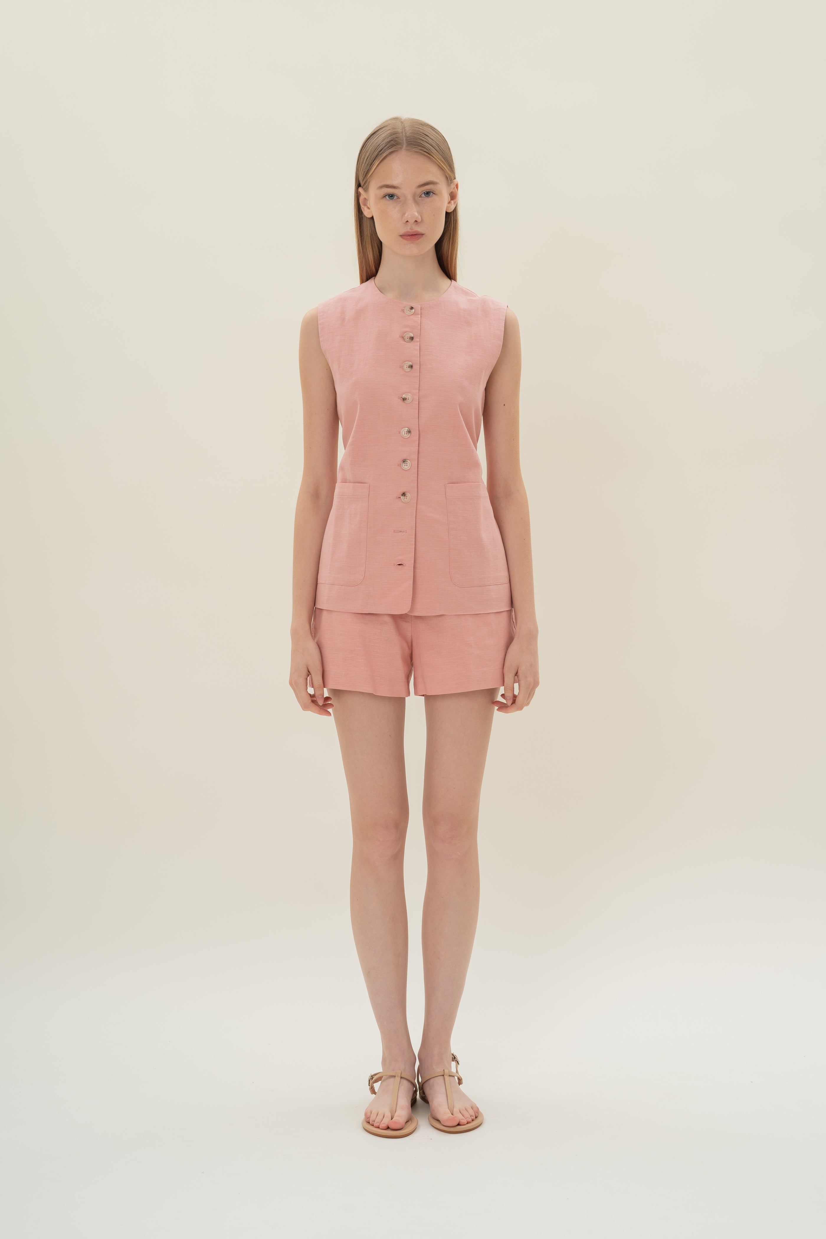 Long Round Neck Waistcoat in Tea Rose