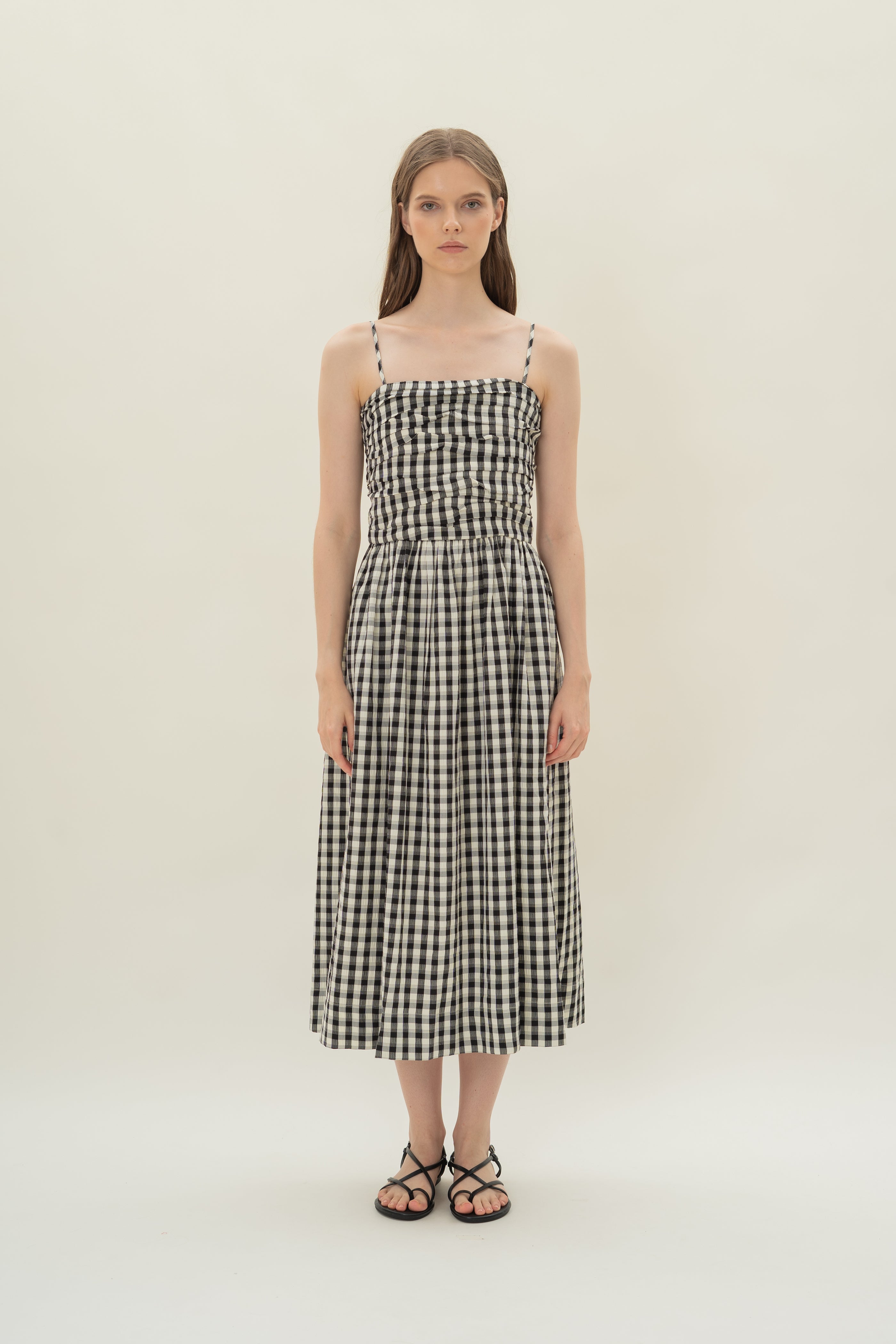 Ruched Midi Dress in Black Gingham