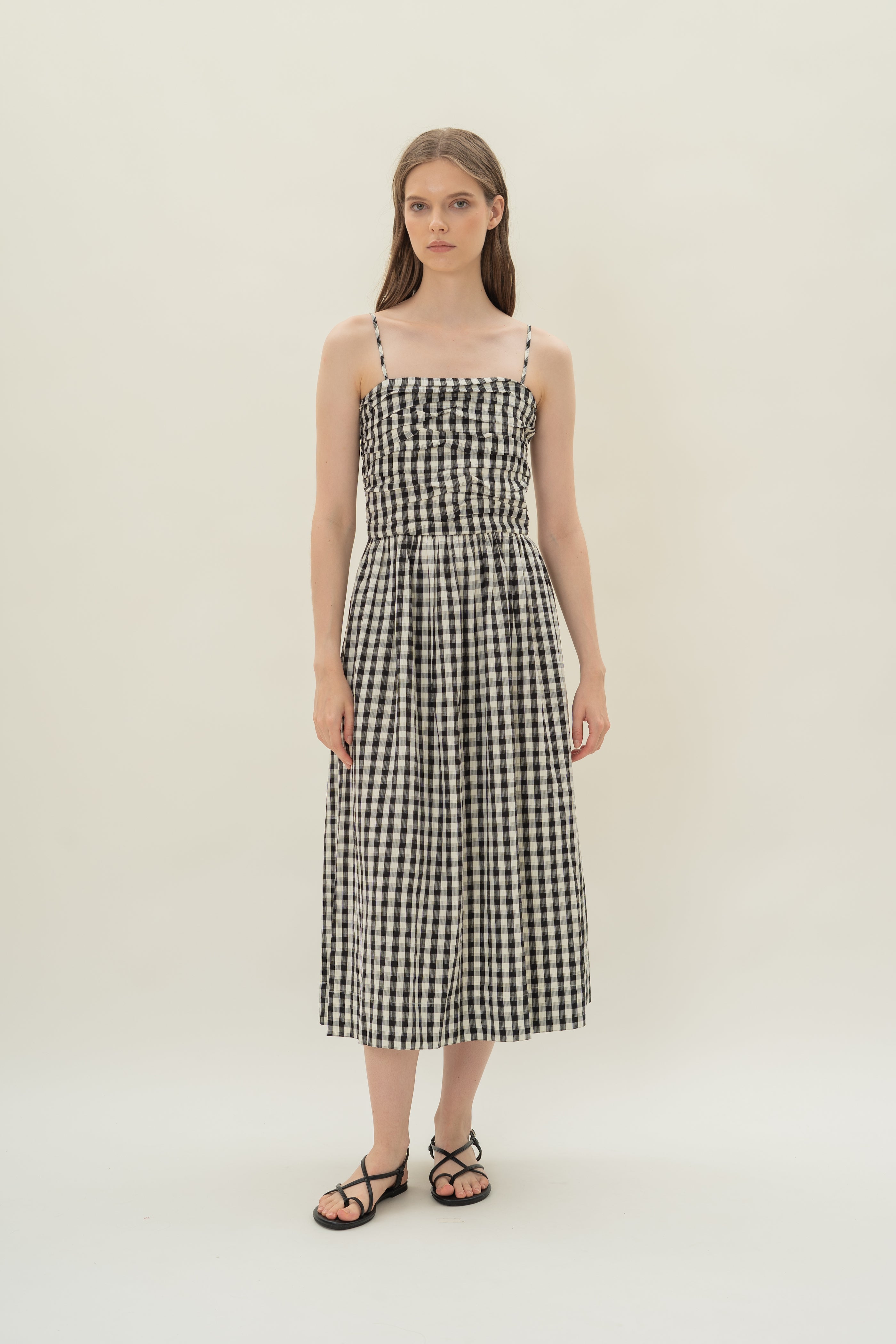 Ruched Midi Dress in Black Gingham