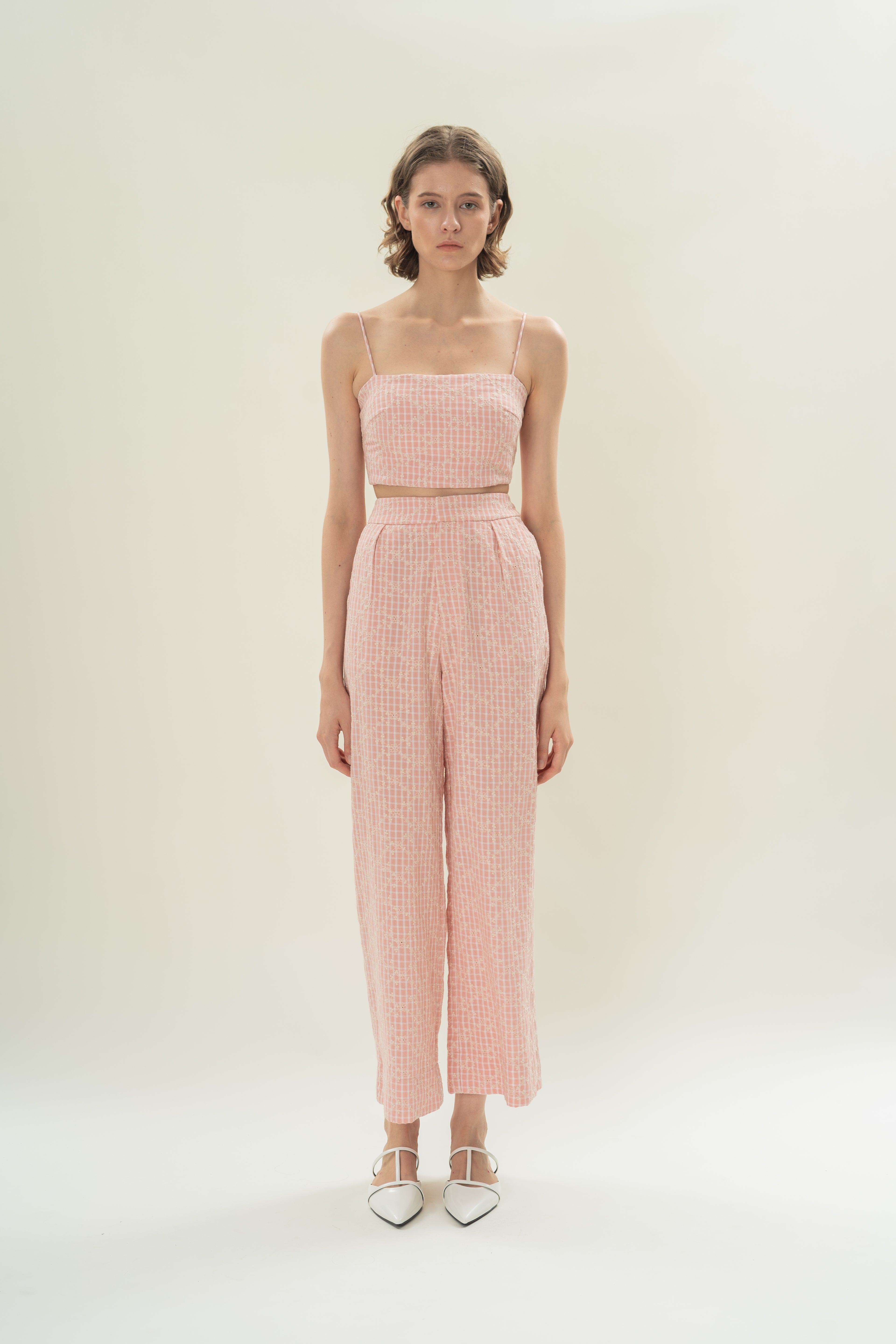 Cotton Pleated Straight Trousers in Pink