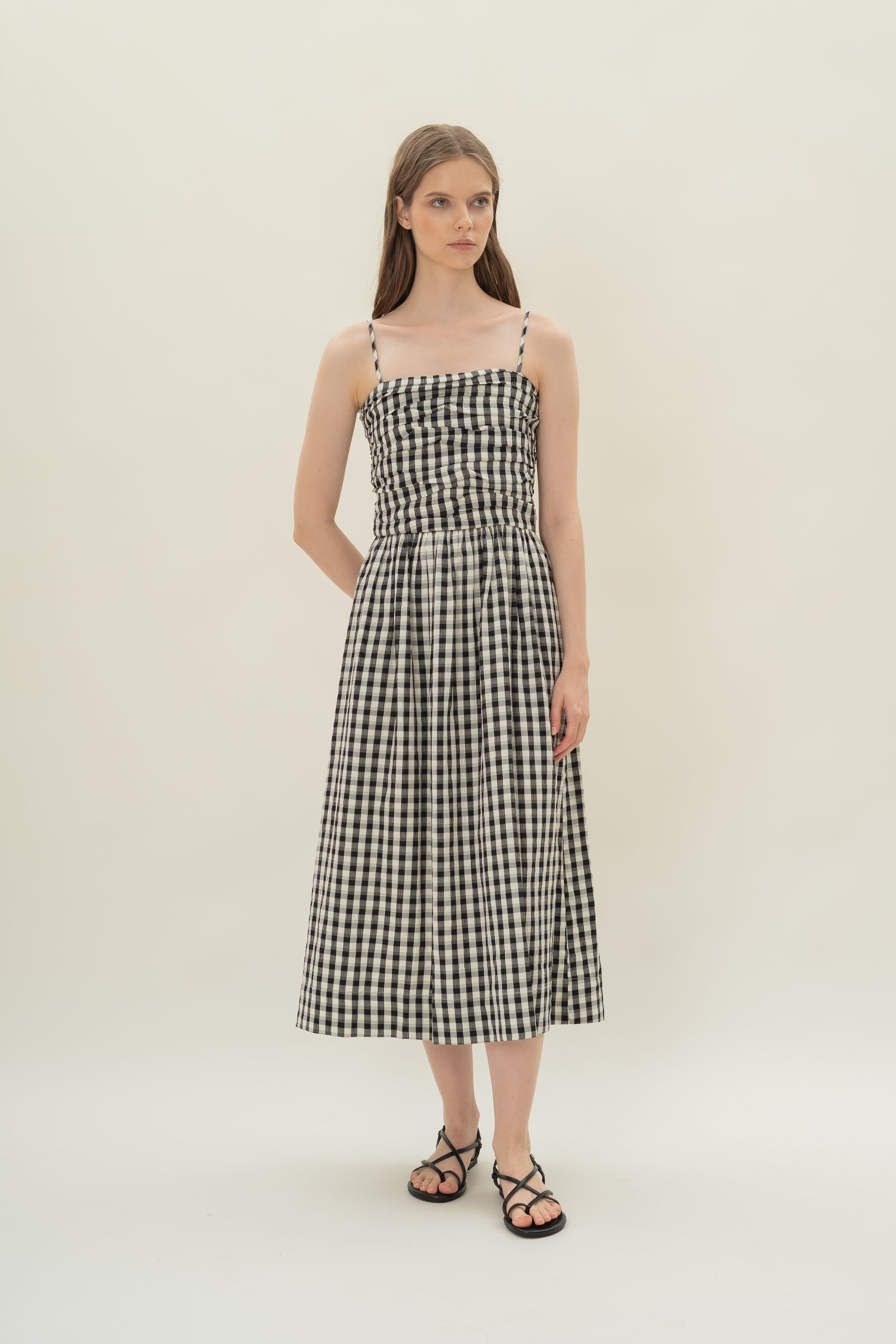 Ruched Midi Dress in Black Gingham