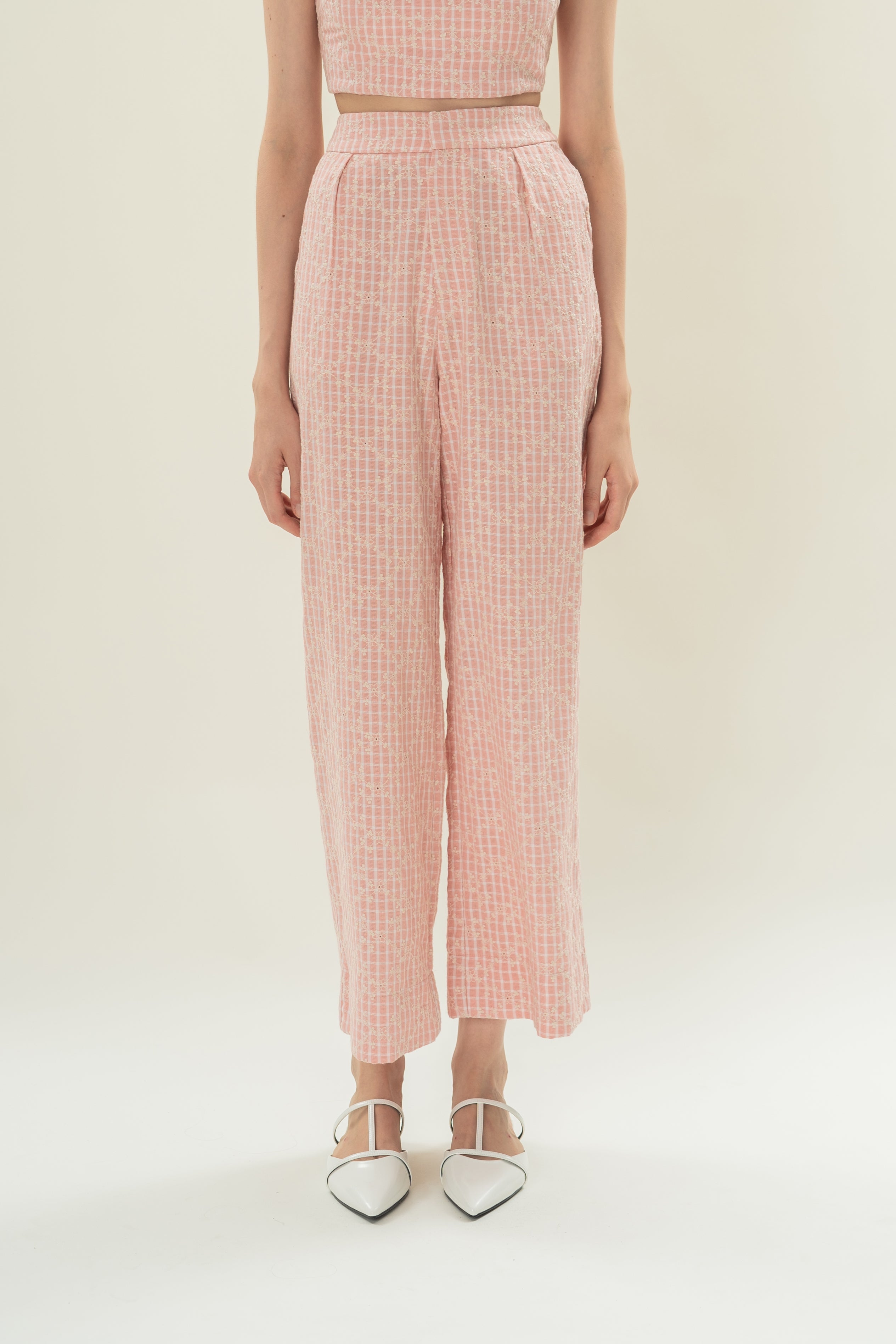 Cotton Pleated Straight Trousers in Pink