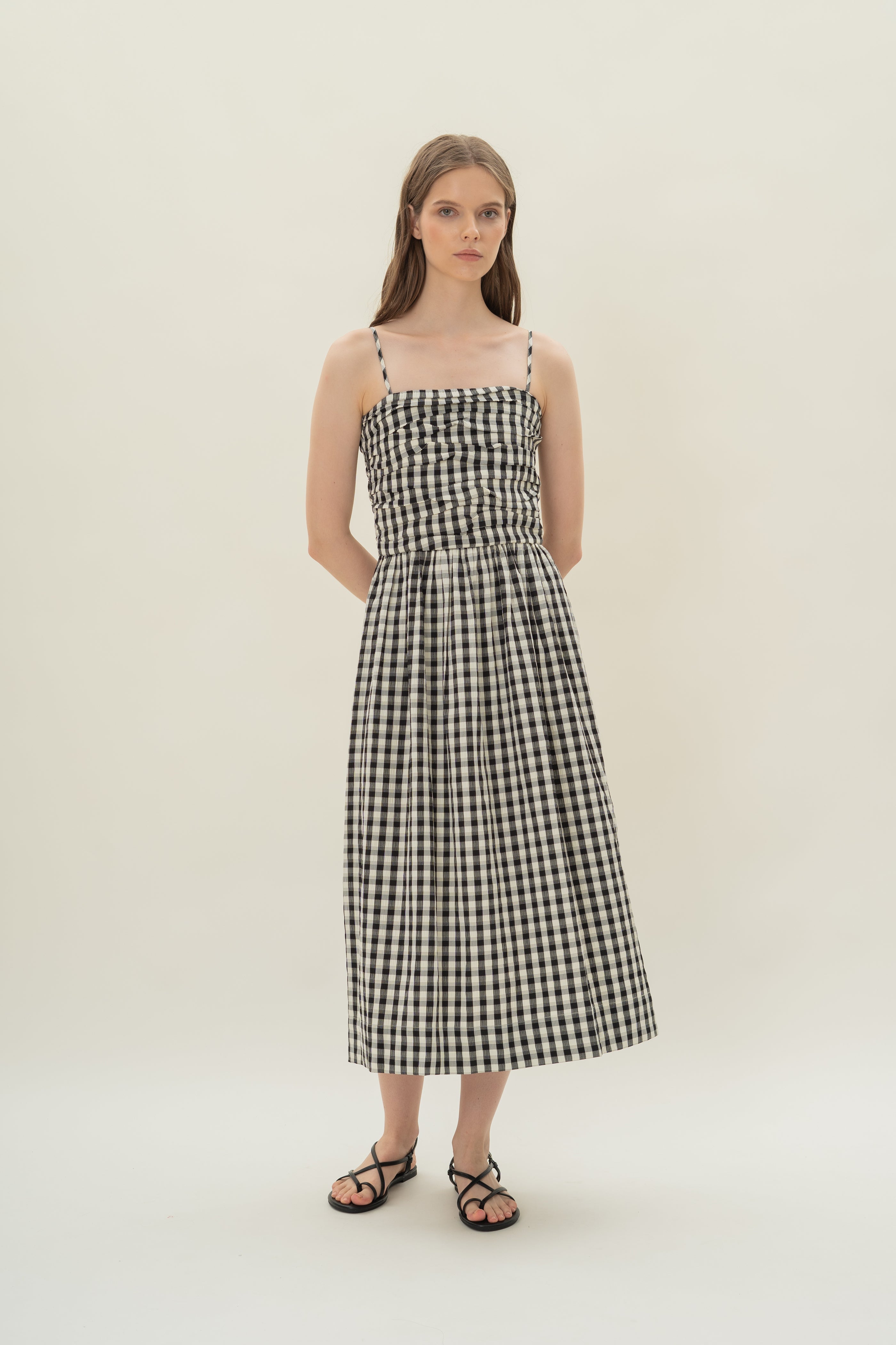 Ruched Midi Dress in Black Gingham