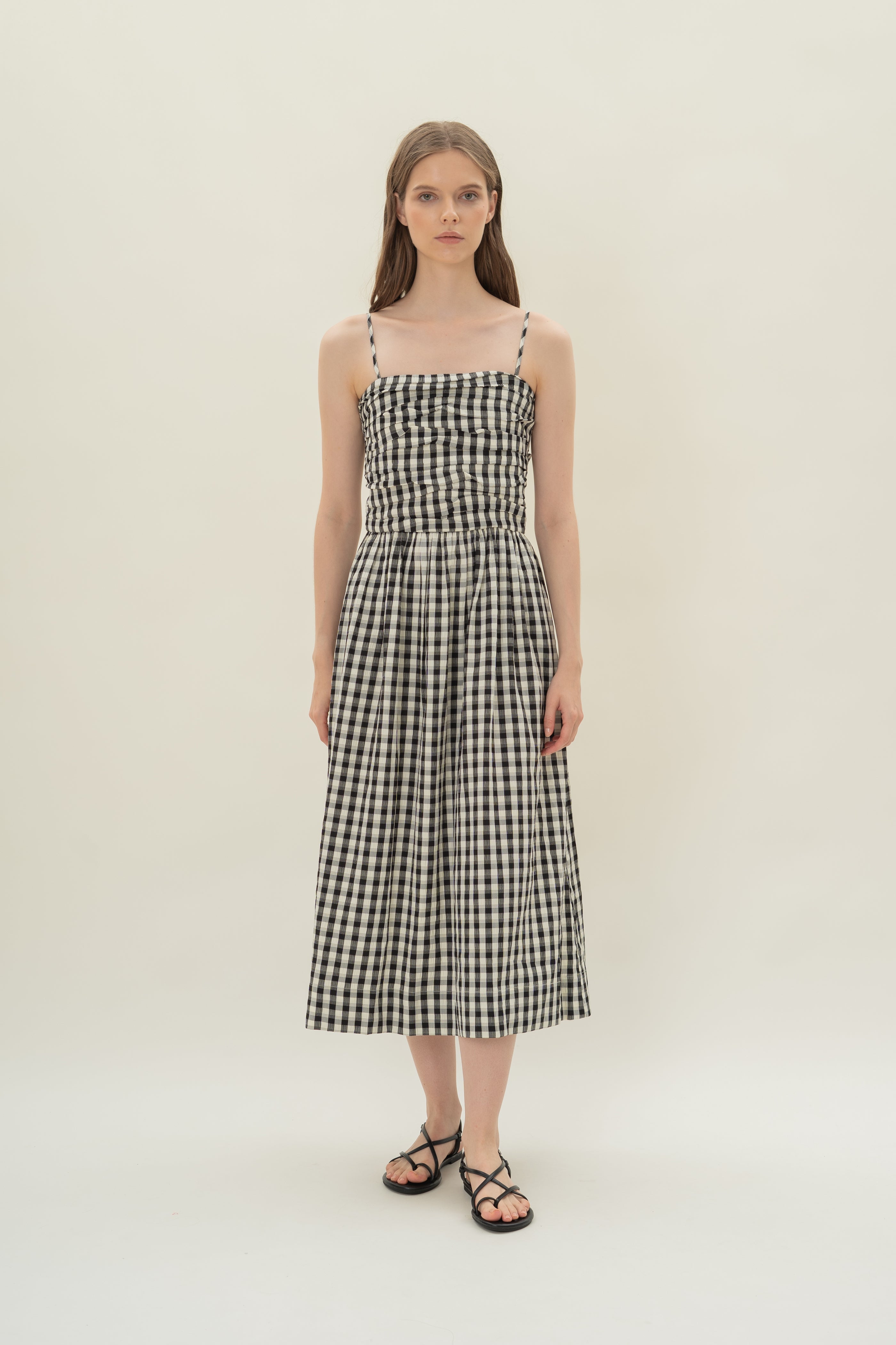 Ruched Midi Dress in Black Gingham