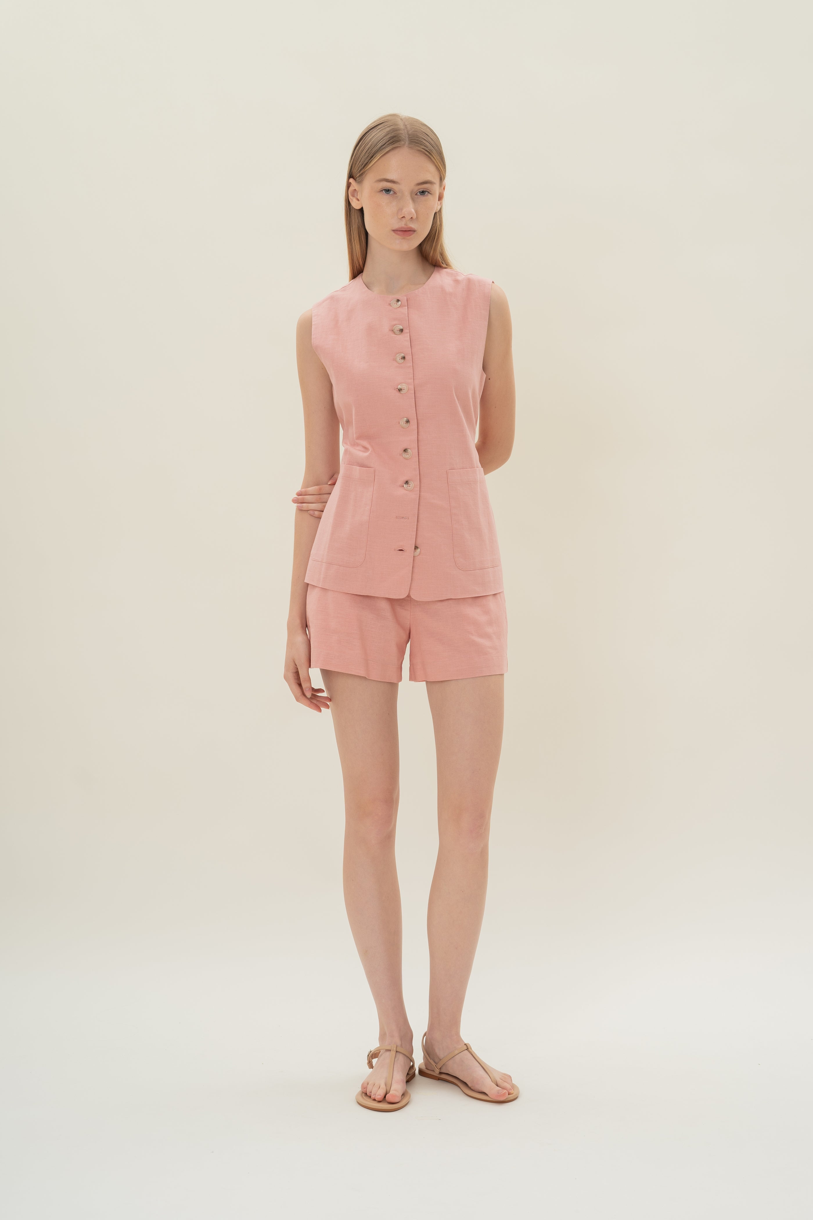 Long Round Neck Waistcoat in Tea Rose